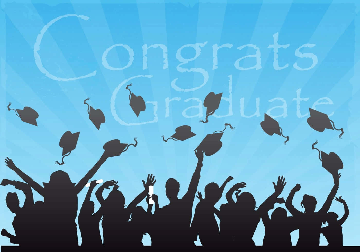 Congratulations 桌布 壁紙 — 剪影畢業生在燦爛的藍天背景下，開心地將學士帽拋向空中，上面有 'Congrats Graduate' 字樣。