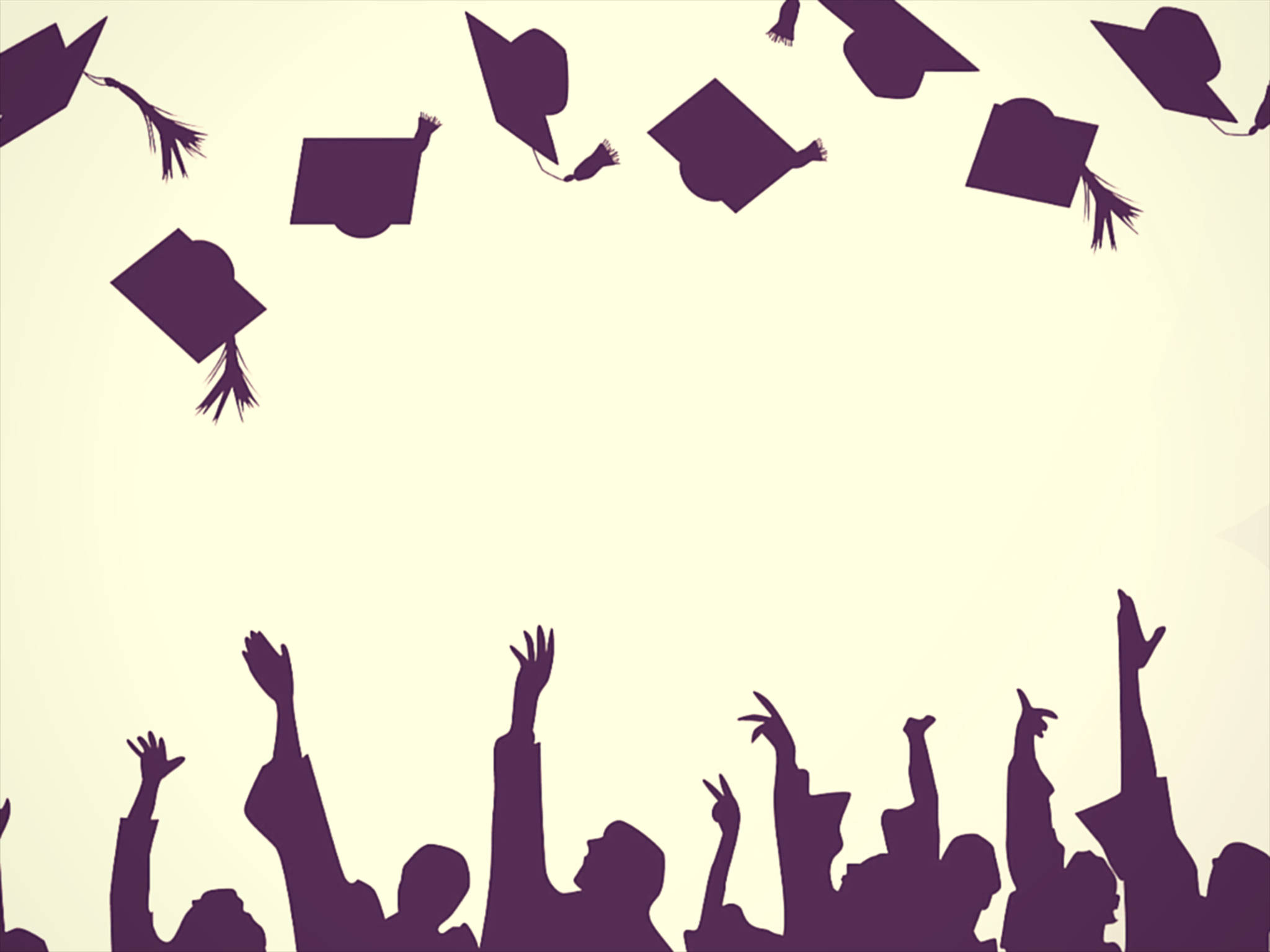 Graduation 桌布 壁紙 — 剪影畢業生愉快地將紫色學士帽拋向空中，背景為淡奶油色。