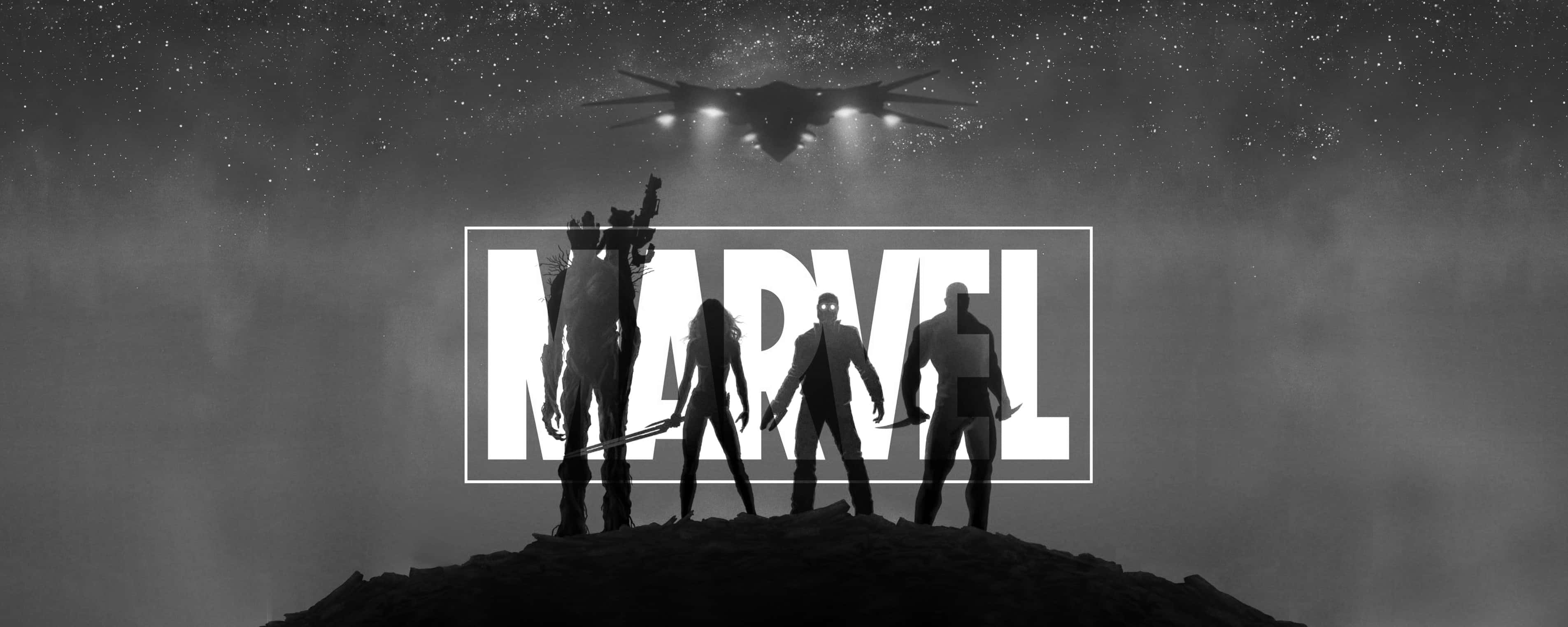 Marvel Black And White 桌布 壁紙 — 剪影的Marvel英雄站在懸崖頂上，星空下，一架飛行器在標誌性標誌上方盤旋。