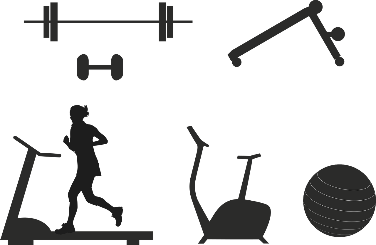 Fitness 桌布 壁紙 — 剪影的健身器材和跑步者，在深色背景上呈現極簡單色調。