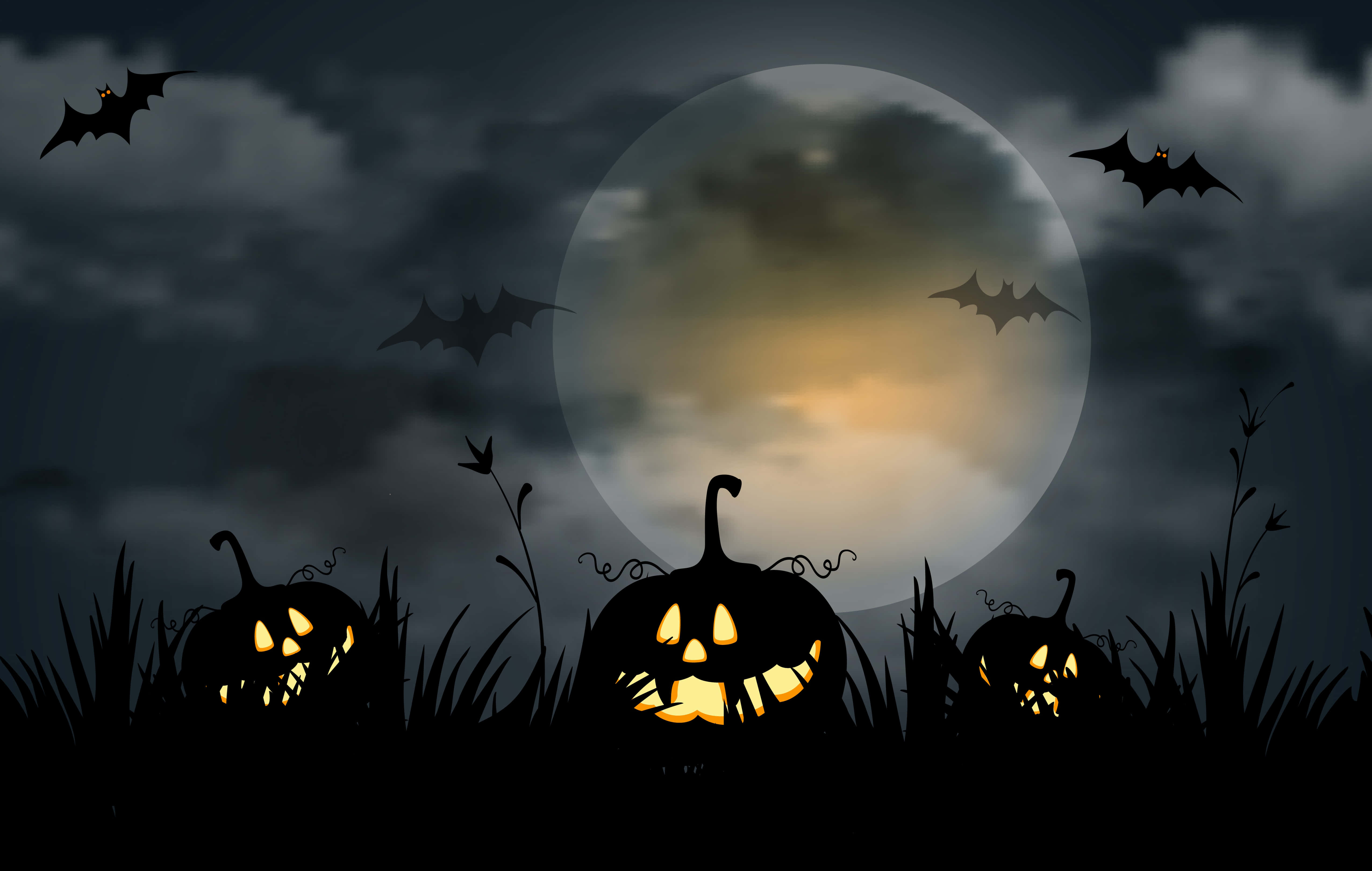 Spooky Zoom 桌布 壁紙 — 剪影的傑克南瓜燈在黑暗的天空中溫暖地發光，伴隨著一輪大月亮和飛翔的蝙蝠。