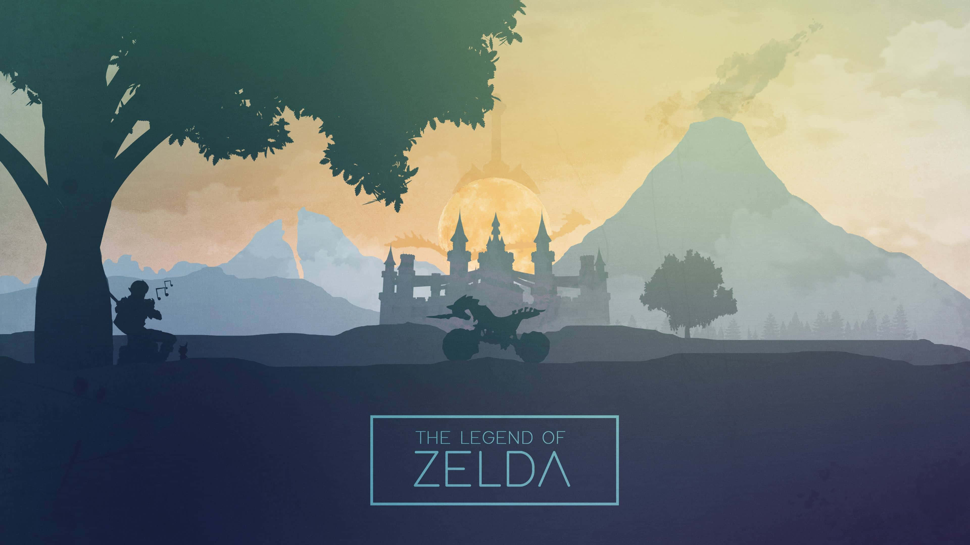 Breath Of The Wild 桌布 壁紙 — 剪影的冒險者和馬在樹下休息，城堡在金色日落時分從山後升起。