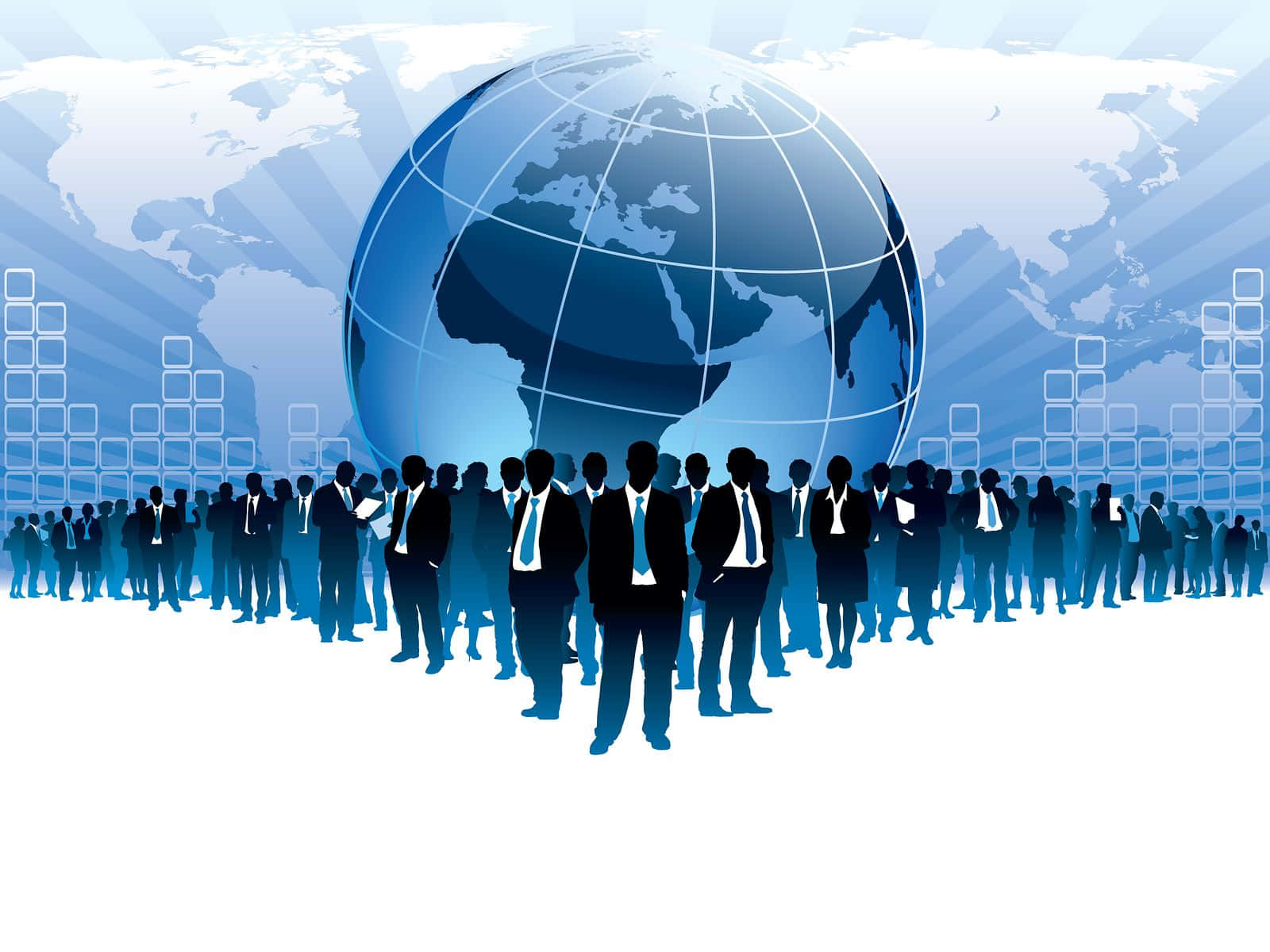Global 桌布 壁紙 — 剪影的商務人士站在發光的藍色地球儀前，背景有世界地圖輪廓和數位資料區塊。