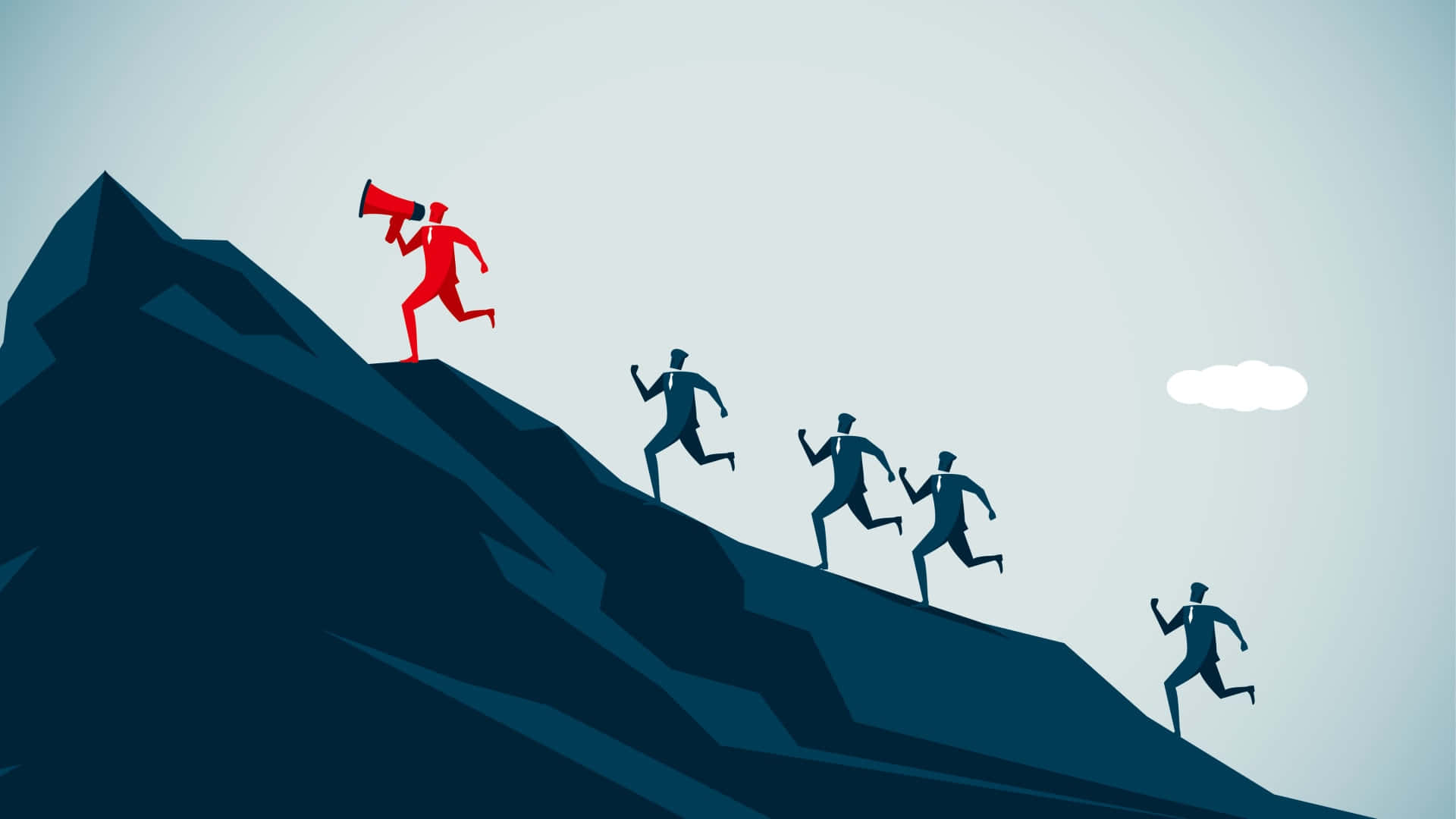 Leadership 桌布 壁紙 — 剪影的商業人物攀登陡峭的山峰，其中一個紅色人物在山頂用擴音器大喊。