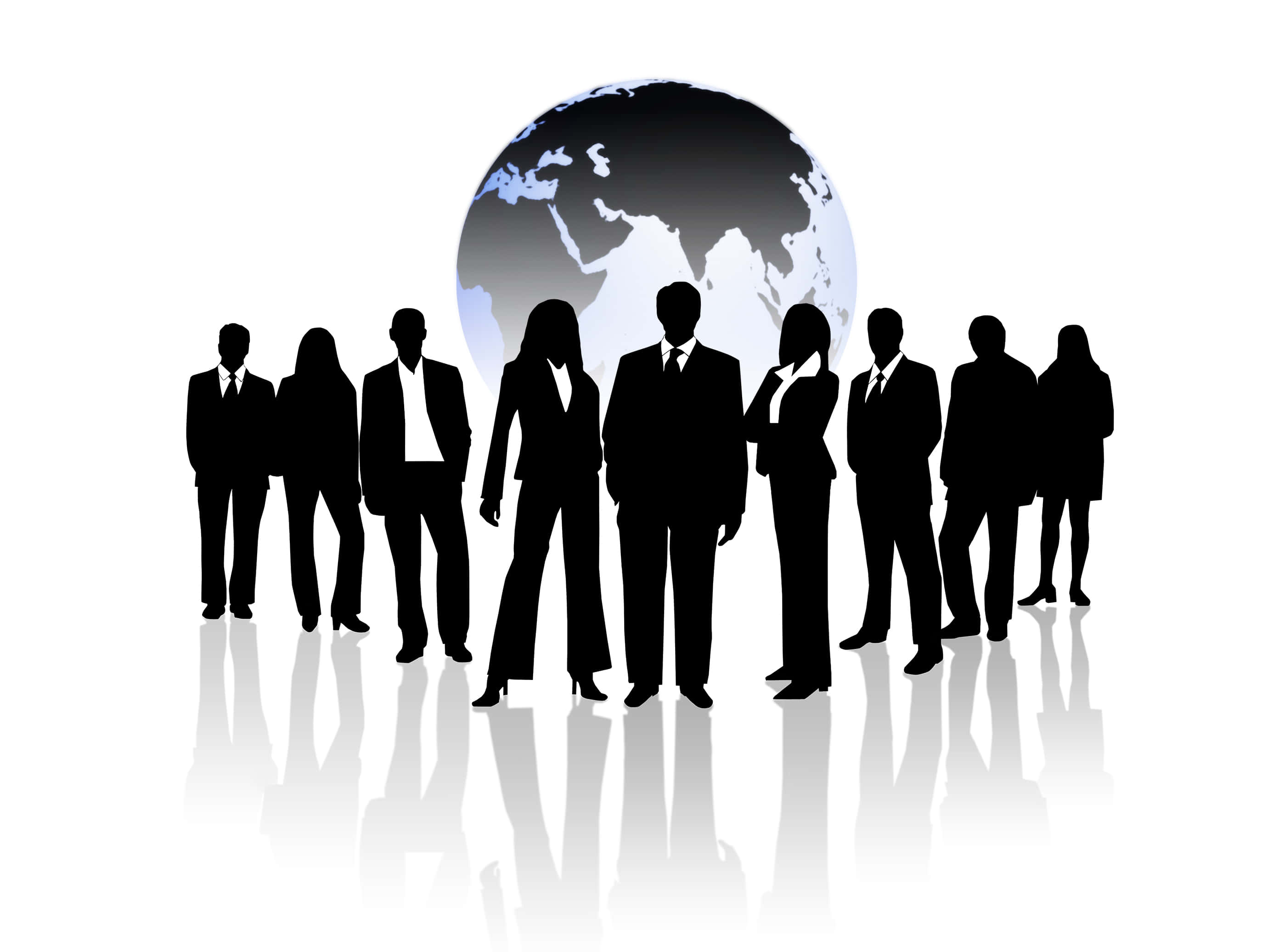 Teamwork 桌布 壁紙 — 剪影的商業專業人士站在詳細的地球儀前，反射在光亮的白色表面上。