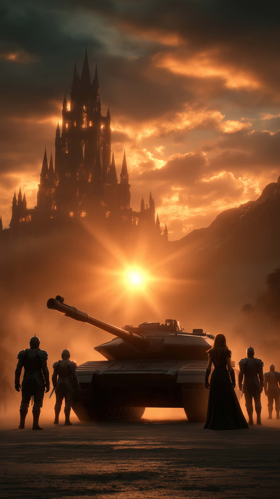 Ancient vs. Modern: Knights and Tank at Fiery Sunset 壁紙 — 剪影的士兵和一輛坦克車矗立在一座高聳的哥德式城堡前，太陽從火紅的橙色雲層中升起。