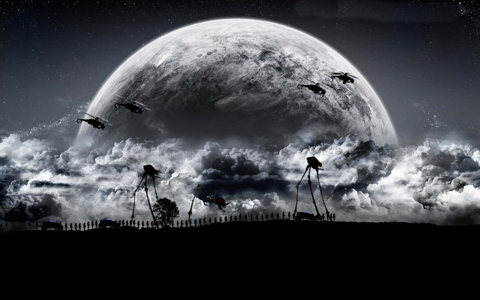 full moon 桌布 壁紙 — 剪影的士兵和步行者在巨大的月亮下行進，直升機在風暴雲中飛過，形成單色科幻場景。