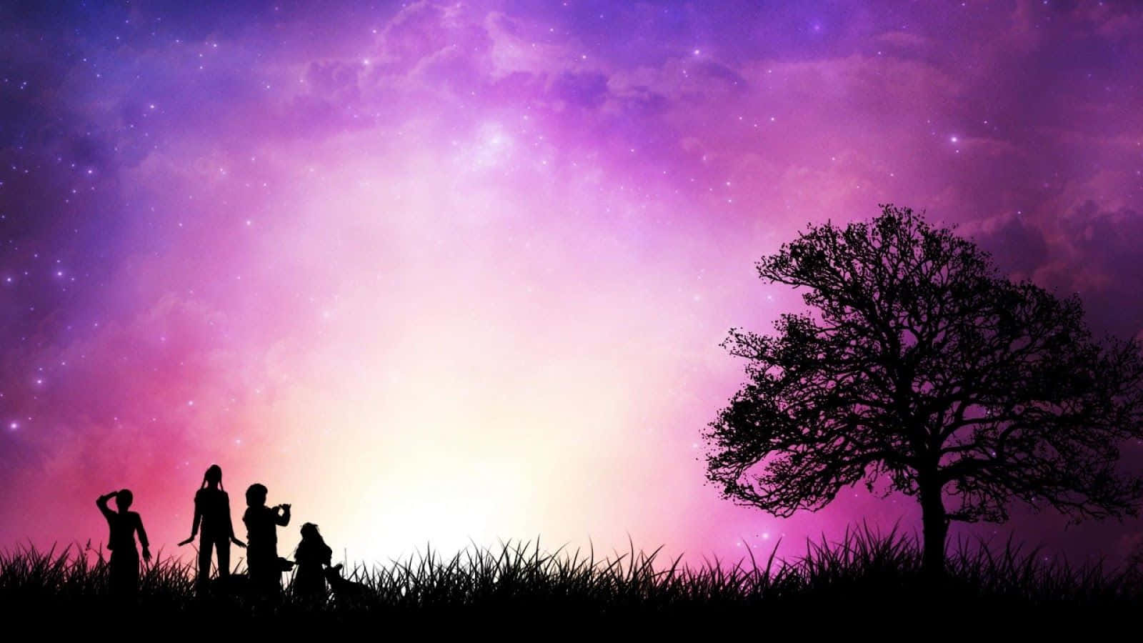 Romanticism 桌布 壁紙 — 剪影的孩子和一棵孤獨的樹凝視著充滿活力的紫色和粉紅色星空。