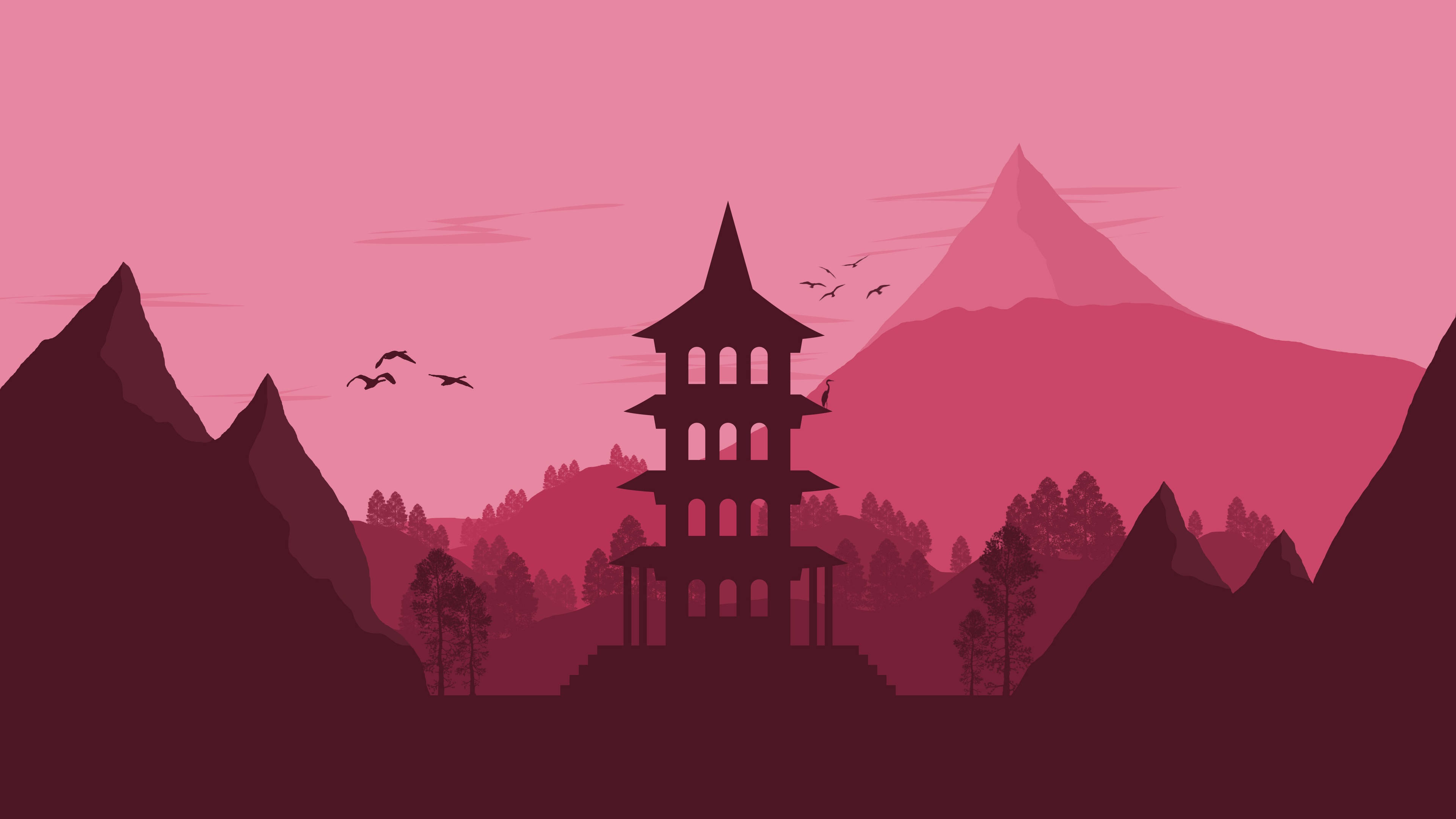 vector 桌布 壁紙 — 剪影的寶塔在層層疊疊的粉紅和洋紅色山巒與飛鳥中寧靜矗立。