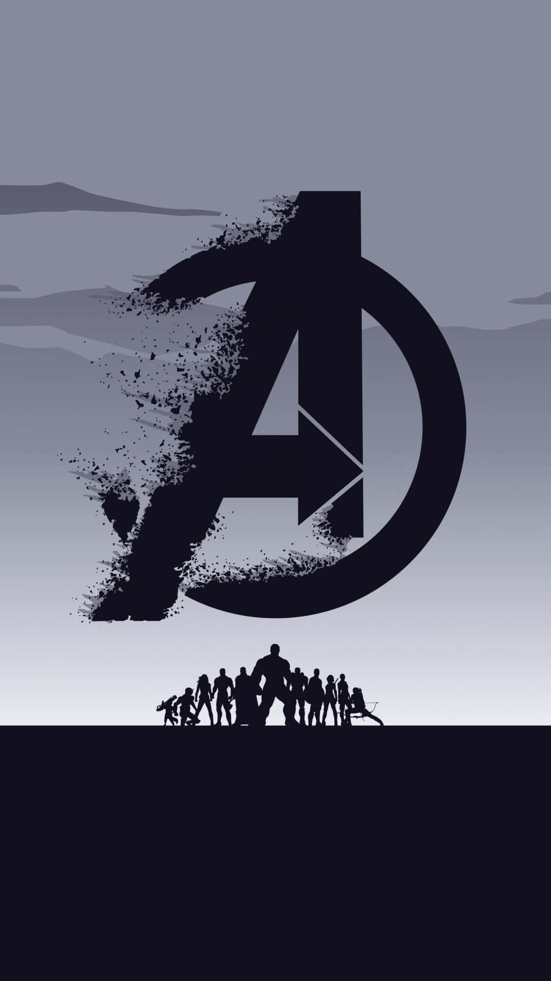 Dark Avengers 桌布 壁紙 — 剪影的復仇者聯盟站在破碎的無限寶石標誌前，背景是漸變天空。
