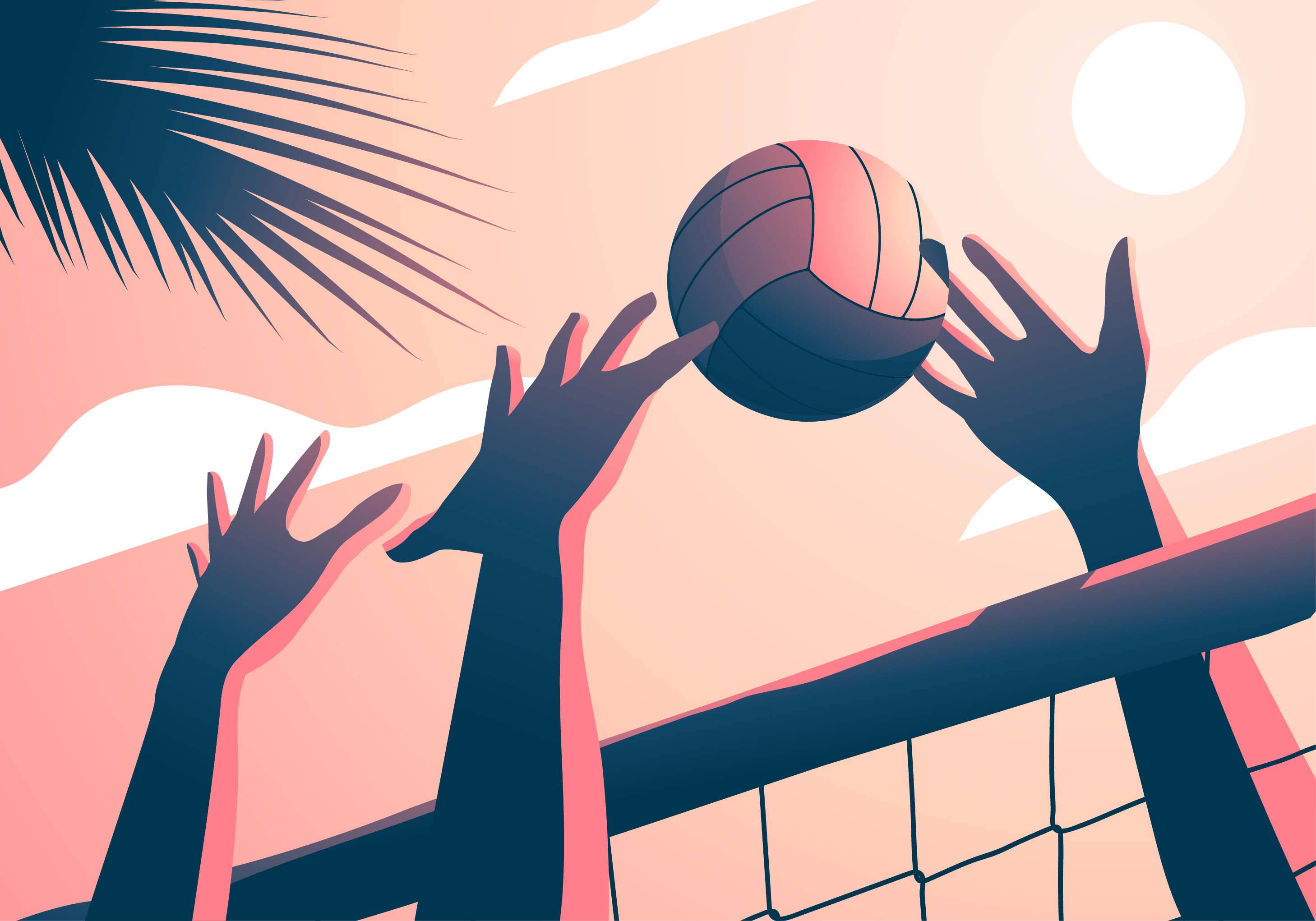 Volleyball 桌布 壁紙 — 剪影的手越過球網扣殺排球，背景是粉彩色的日落、棕櫚葉和發光的太陽。