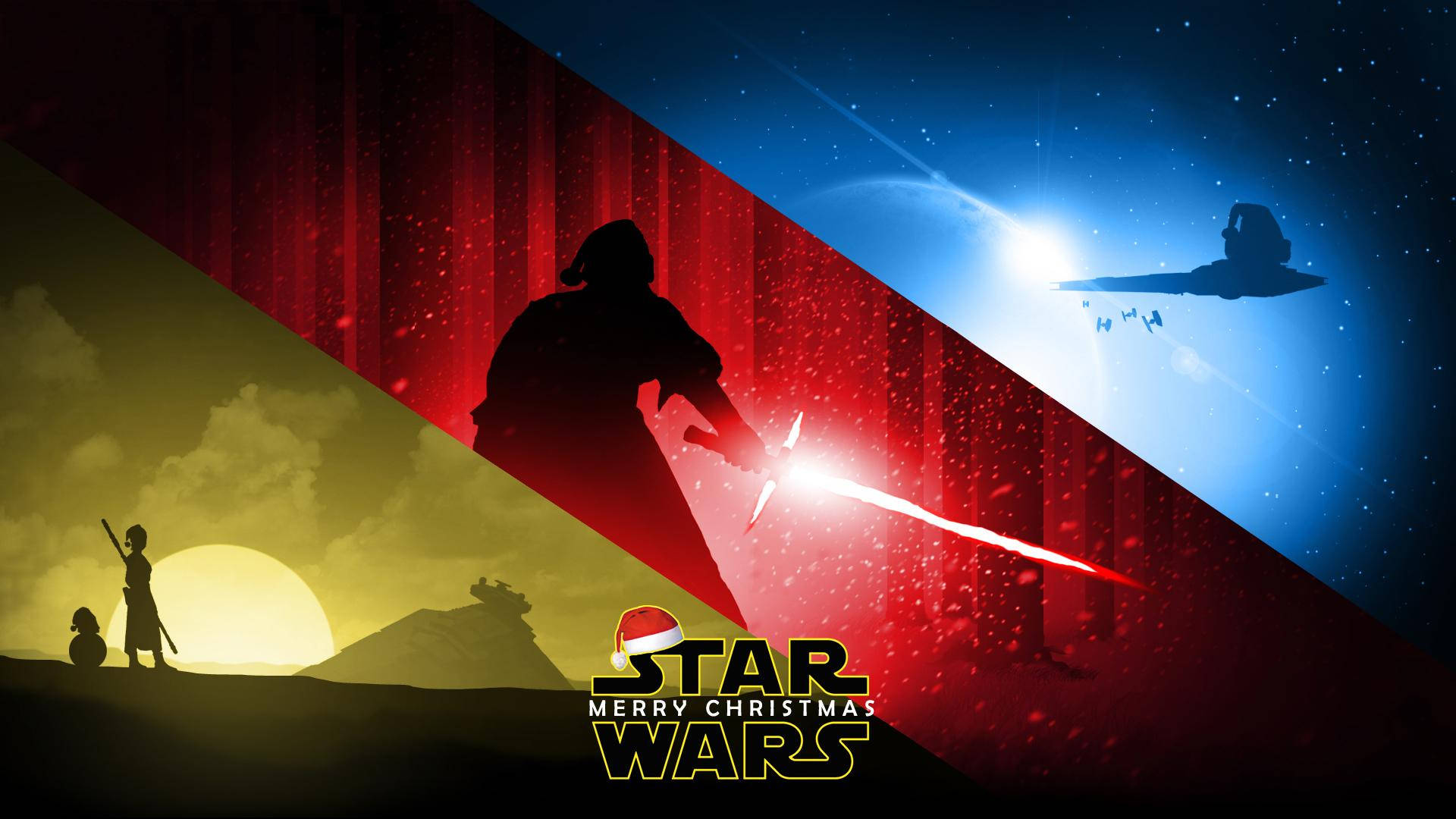 Star Wars Christmas 桌布 壁紙 — 剪影的星際大戰角色和飛船與紅色、藍色和黃色的宇宙背景以及節日聖誕標誌形成對比。
