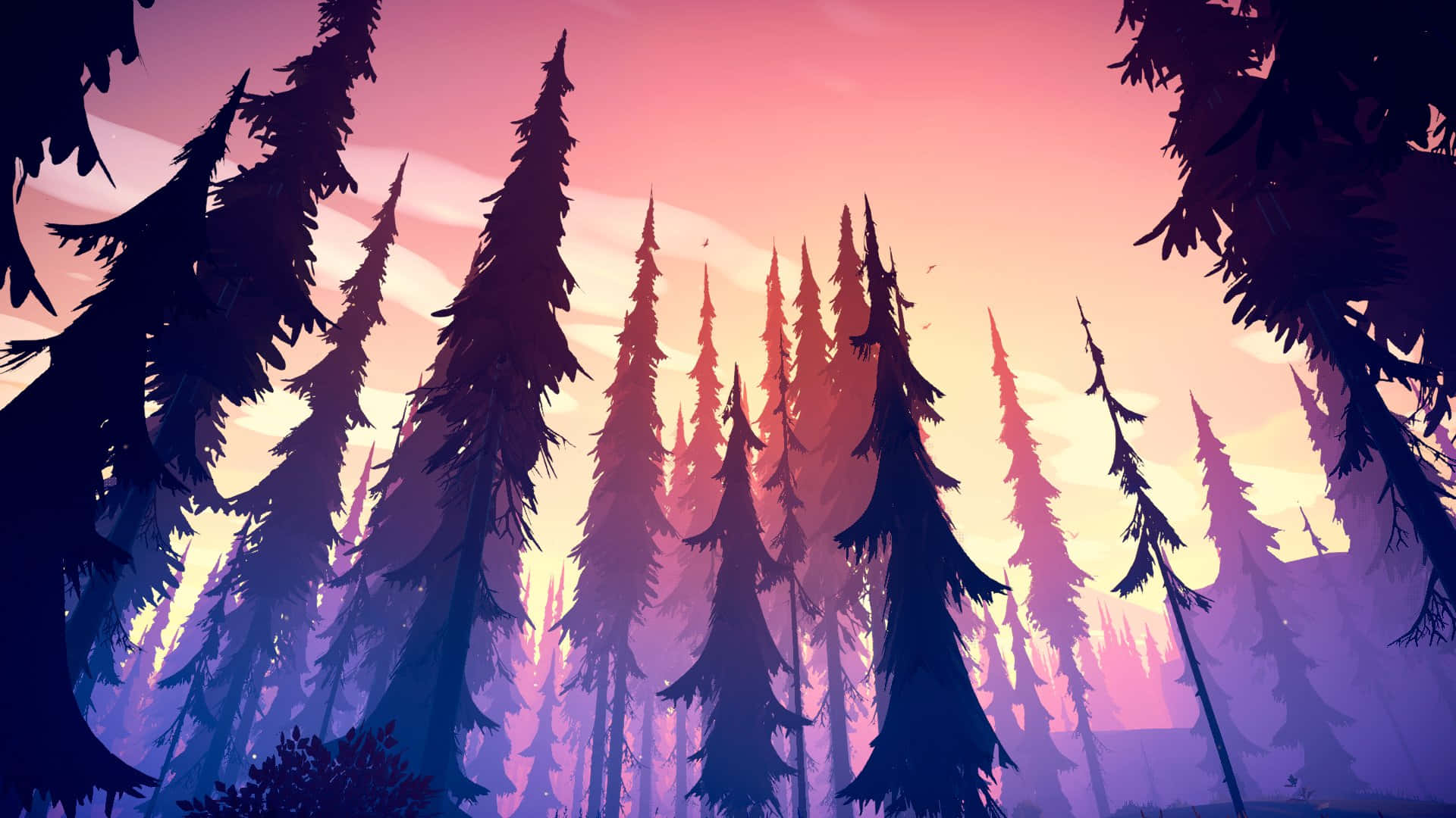 Among Trees 桌布 壁紙 — 剪影的松樹在寧靜的森林場景中伸向發光的粉紅色和紫色日落天空。