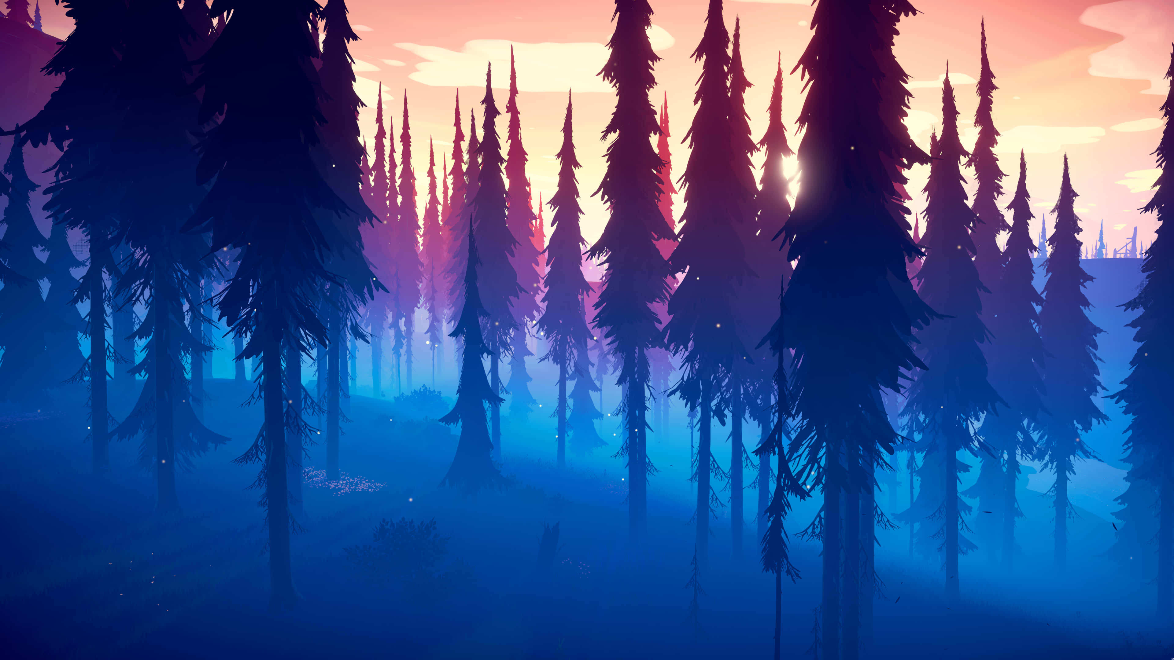 Among Trees 桌布 壁紙 — 剪影的松樹在暮色紫、藍和橙色的霧氣森林中高高聳立。