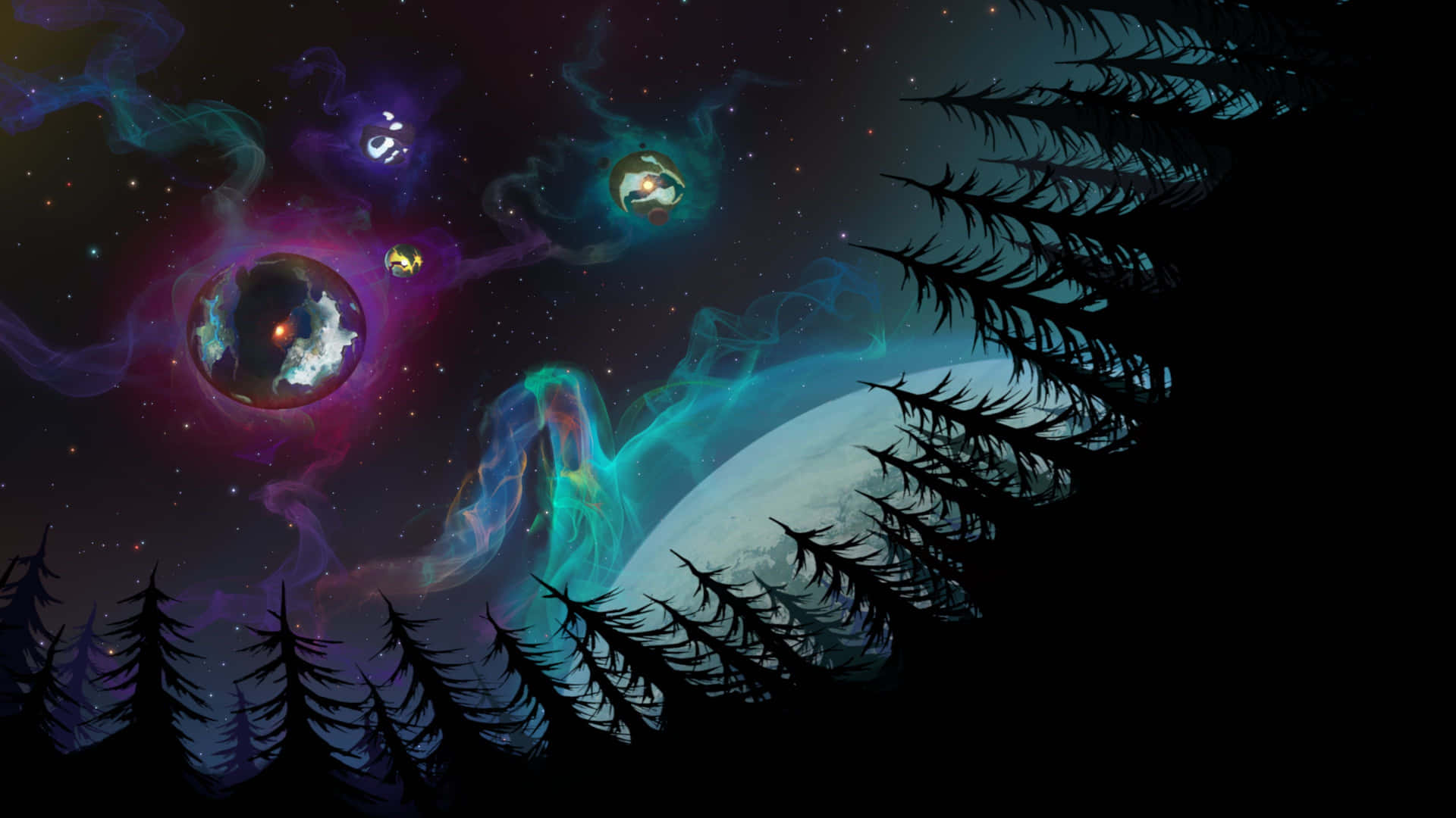 Planets 桌布 壁紙 — 剪影的松樹框住一個宇宙場景，發光的星雲和行星襯托著繁星點點的夜空。