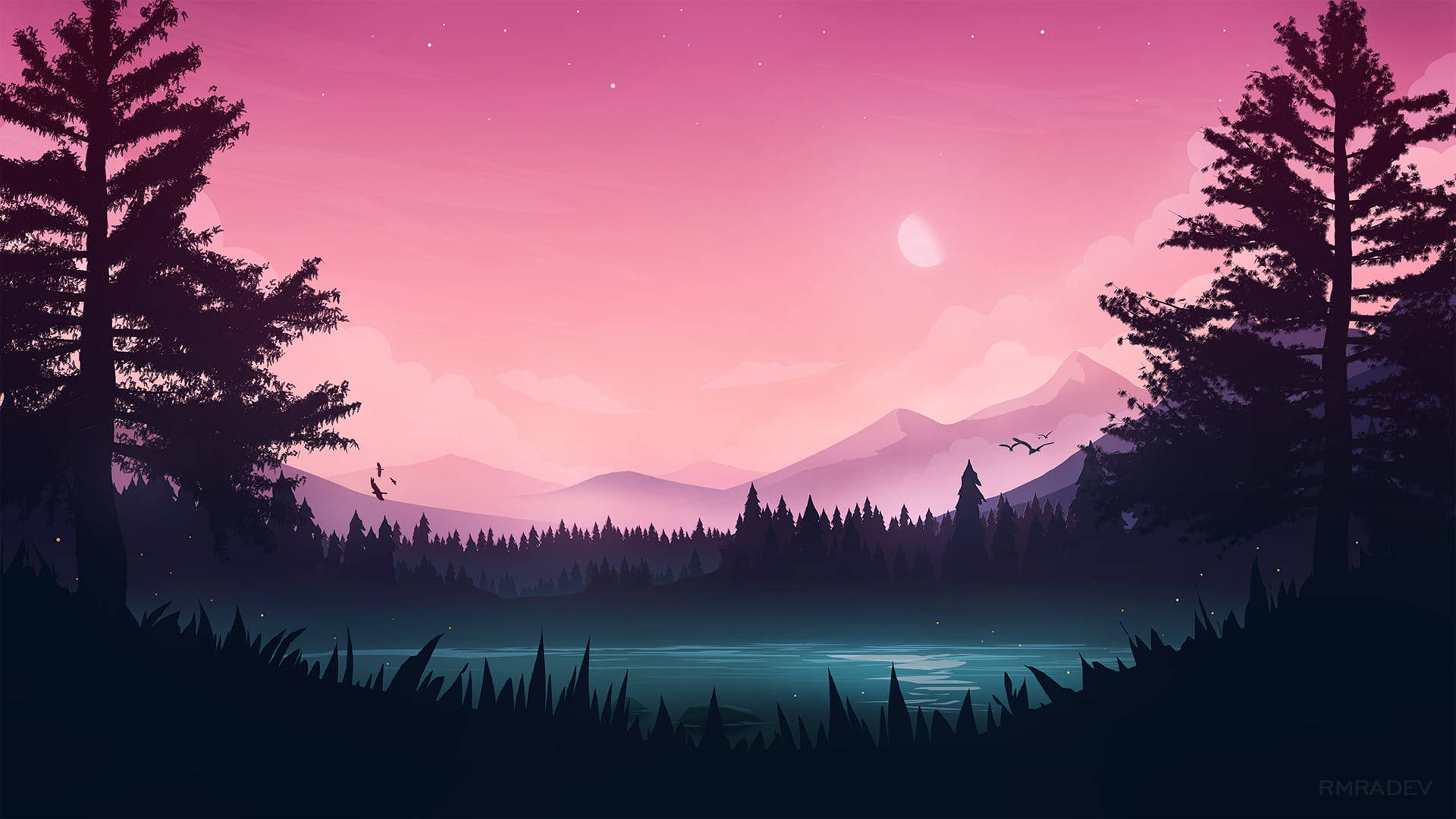 風景 桌布 壁紙 — 剪影的松樹框住一個寧靜的湖泊，反射出充滿活力的粉紅色和紫色暮色天空，遠處有山脈和飛鳥。