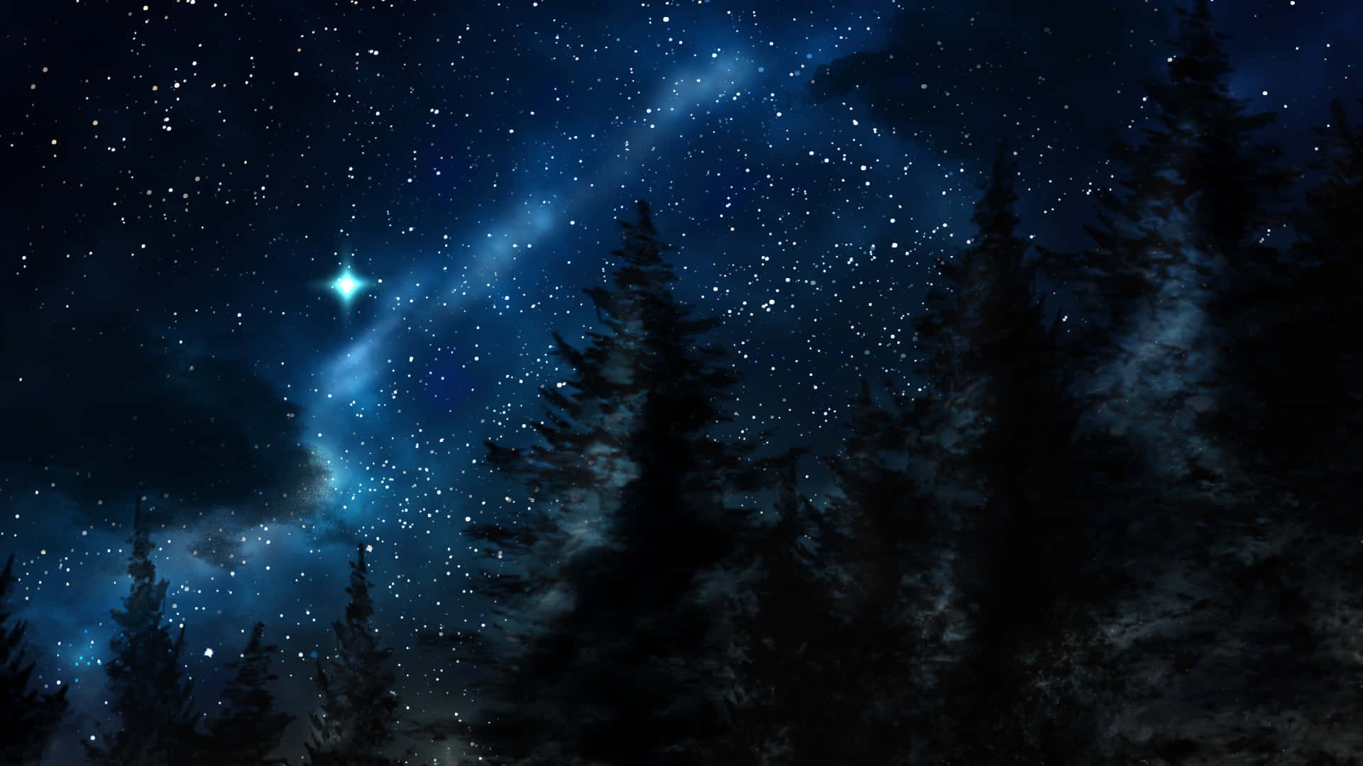 Starry 桌布 壁紙 — 剪影的松樹框住了一個令人嘆為觀止的夜空，充滿星星和發光的藍色星雲。