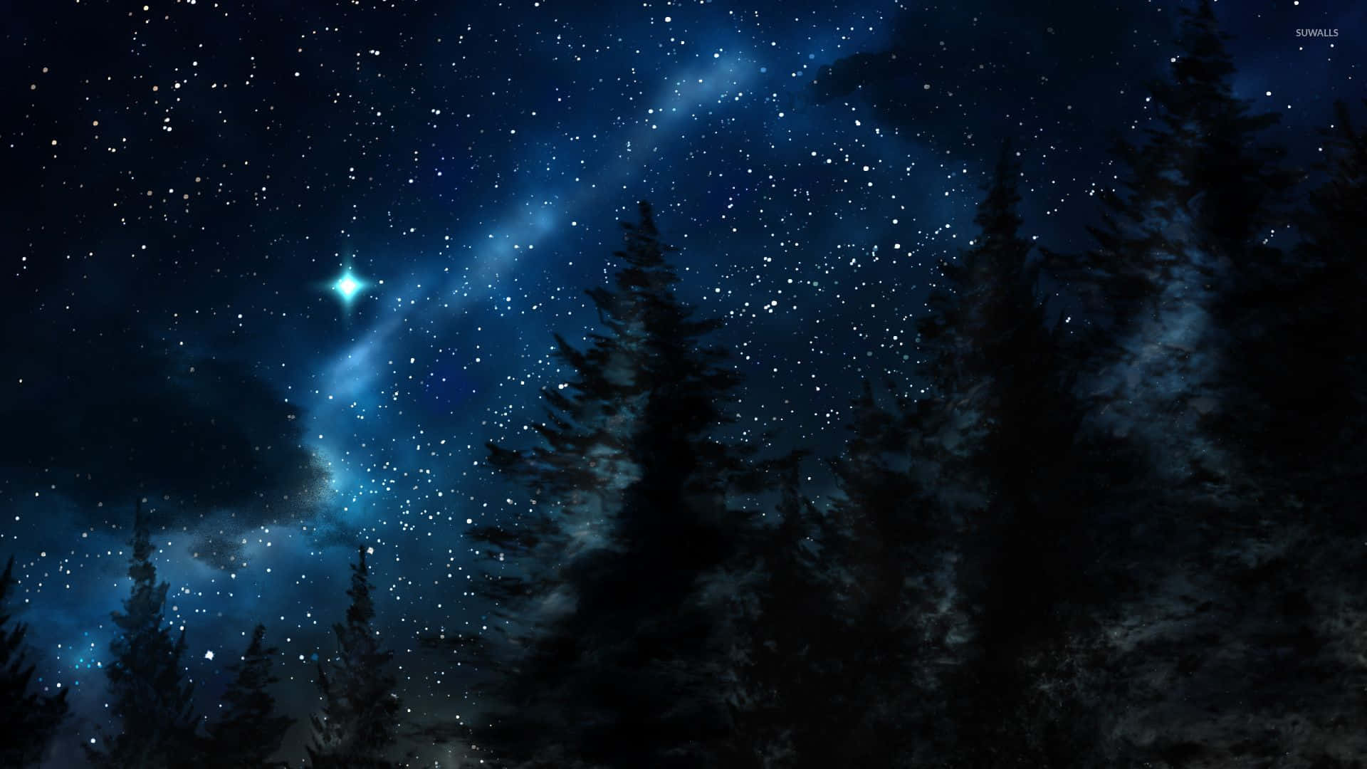 Beautiful Sky 桌布 壁紙 — 剪影的松樹框住了一個令人嘆為觀止的夜空，充滿了星星和發光的藍色星雲。