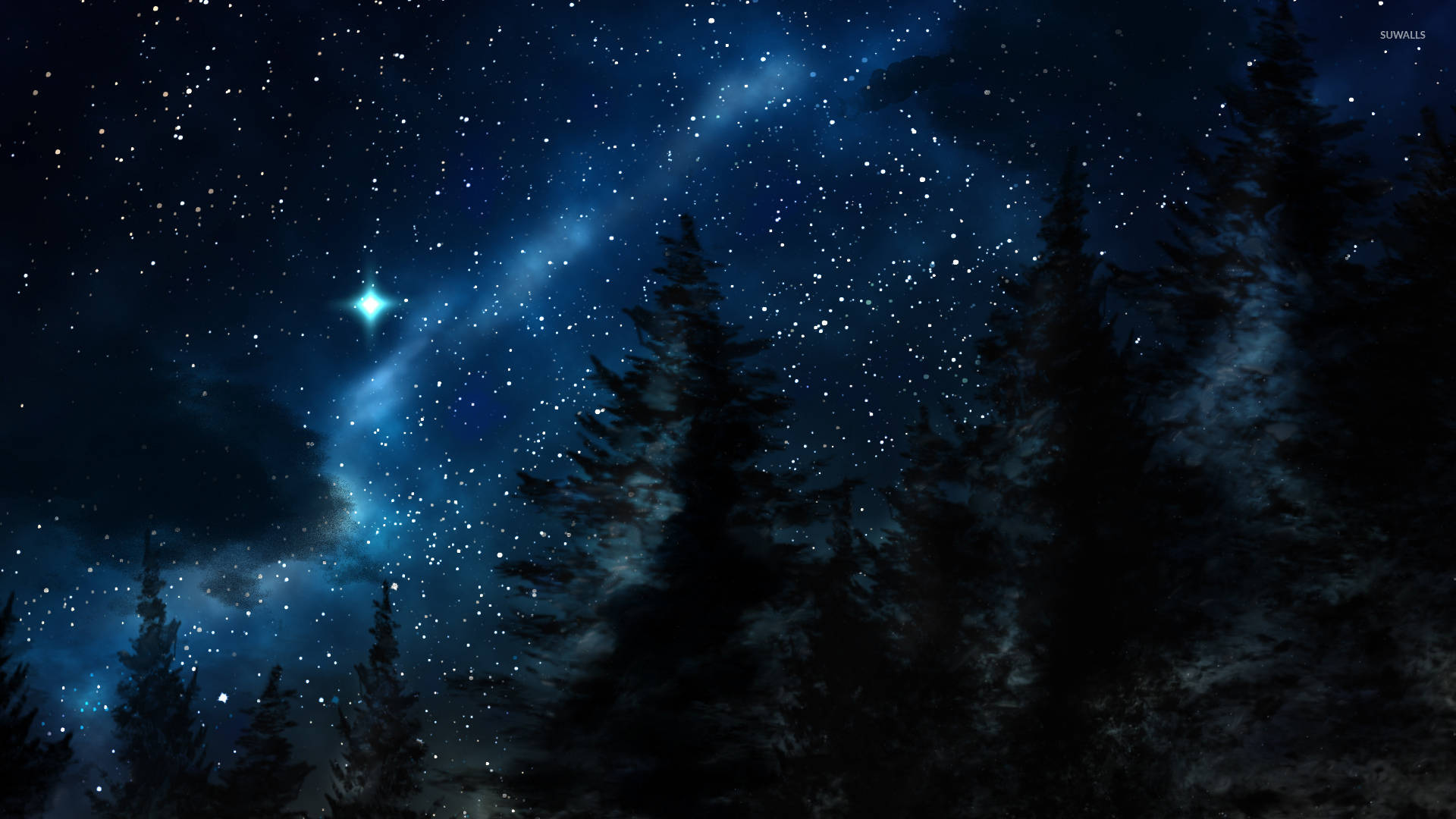 夜空 桌布 壁紙 — 剪影的松樹框住了一個充滿星星和發光藍色星雲的壯麗夜空。