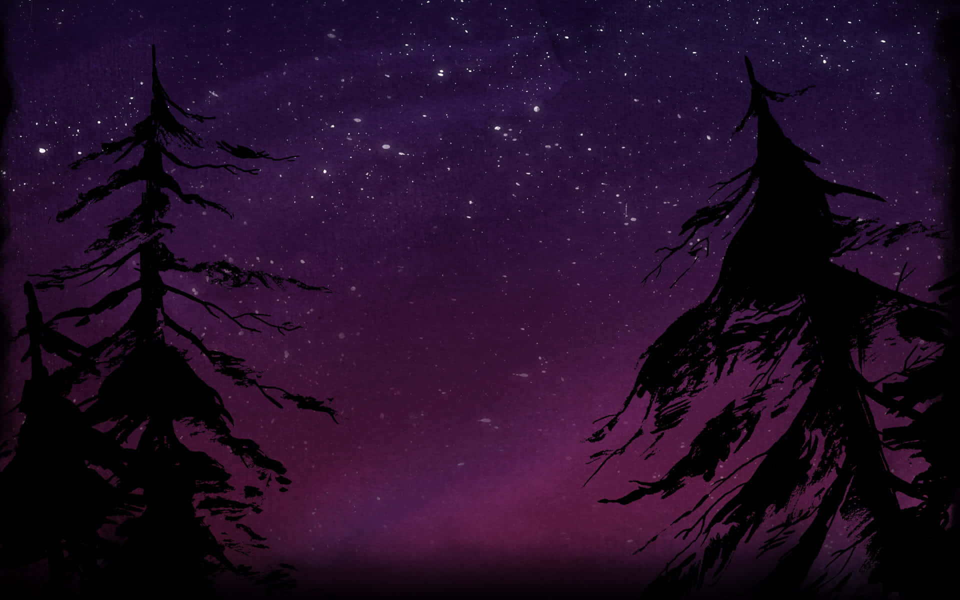 兩棵松樹剪影映襯著滿天星斗的紫色夜空。 — Valorant Logo 壁紙