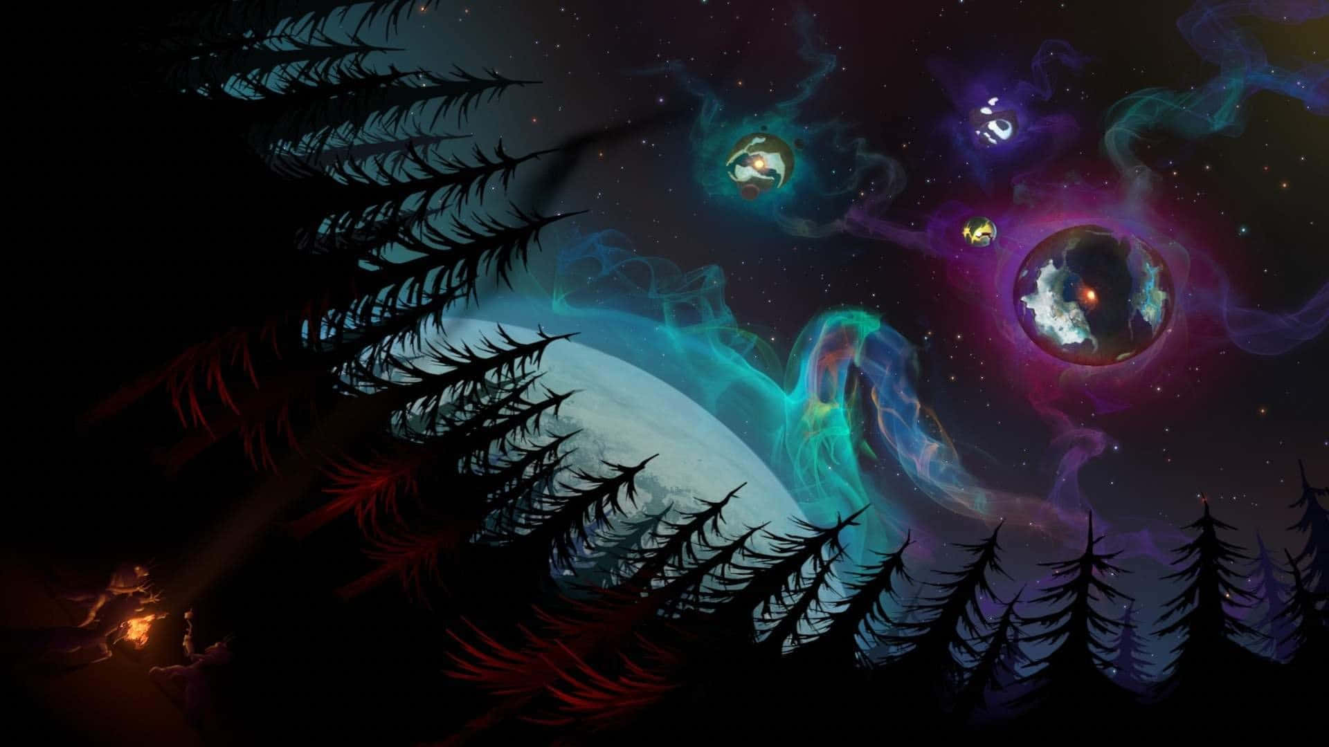 外太空 桌布 壁紙 — 剪影的松樹框起一個宇宙場景，有發光的行星和星雲，背景是繁星點點的夜空。
