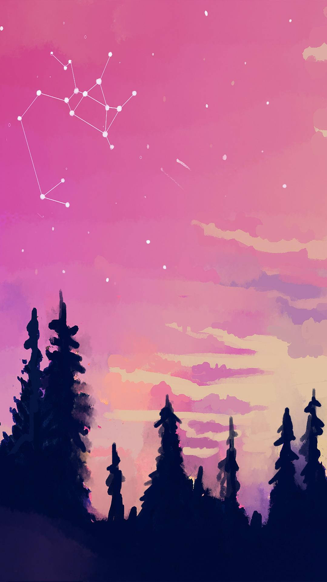 粉紅色系 iPhone 桌布 壁紙 — 剪影的松樹矗立在充滿星星和顯著星座的充滿活力的粉紅色和紫色暮色天空下。