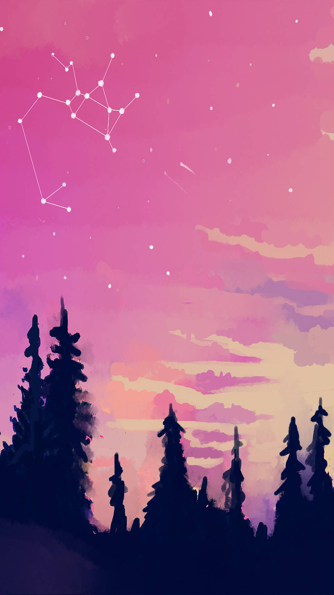 Taurus Aesthetic 桌布 壁紙 — 剪影的松樹矗立在充滿活力的粉紅色和紫色暮色天空下，天空點綴著發光的星座。