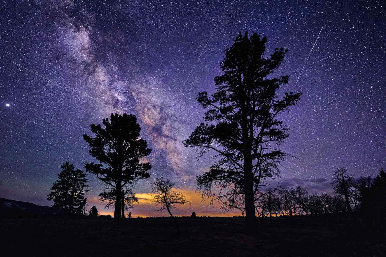 夜空 桌布 壁紙 — 剪影的松樹聳立在充滿銀河和流星劃過的 vibrant 夜空前。