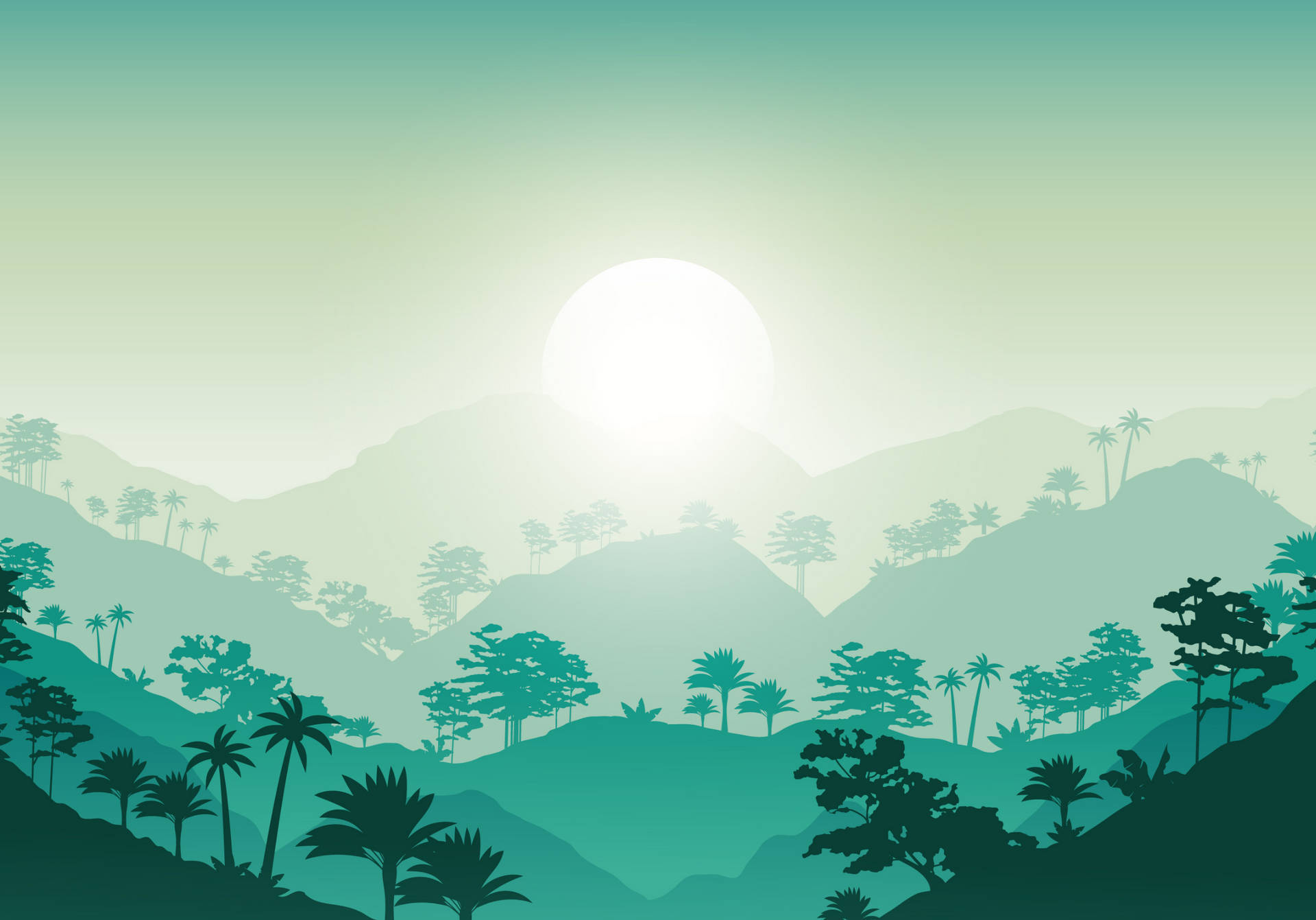 山景 桌布 壁紙 — 剪影的棕櫚樹和山脈在明亮的陽光下，在寧靜的藍綠色漸變景觀中閃耀。