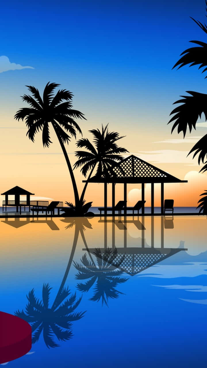 Beach Phone 桌布 壁紙 — 剪影的棕櫚樹和海灘小屋在平靜的水面上倒映，背景是漸變的日落天空。