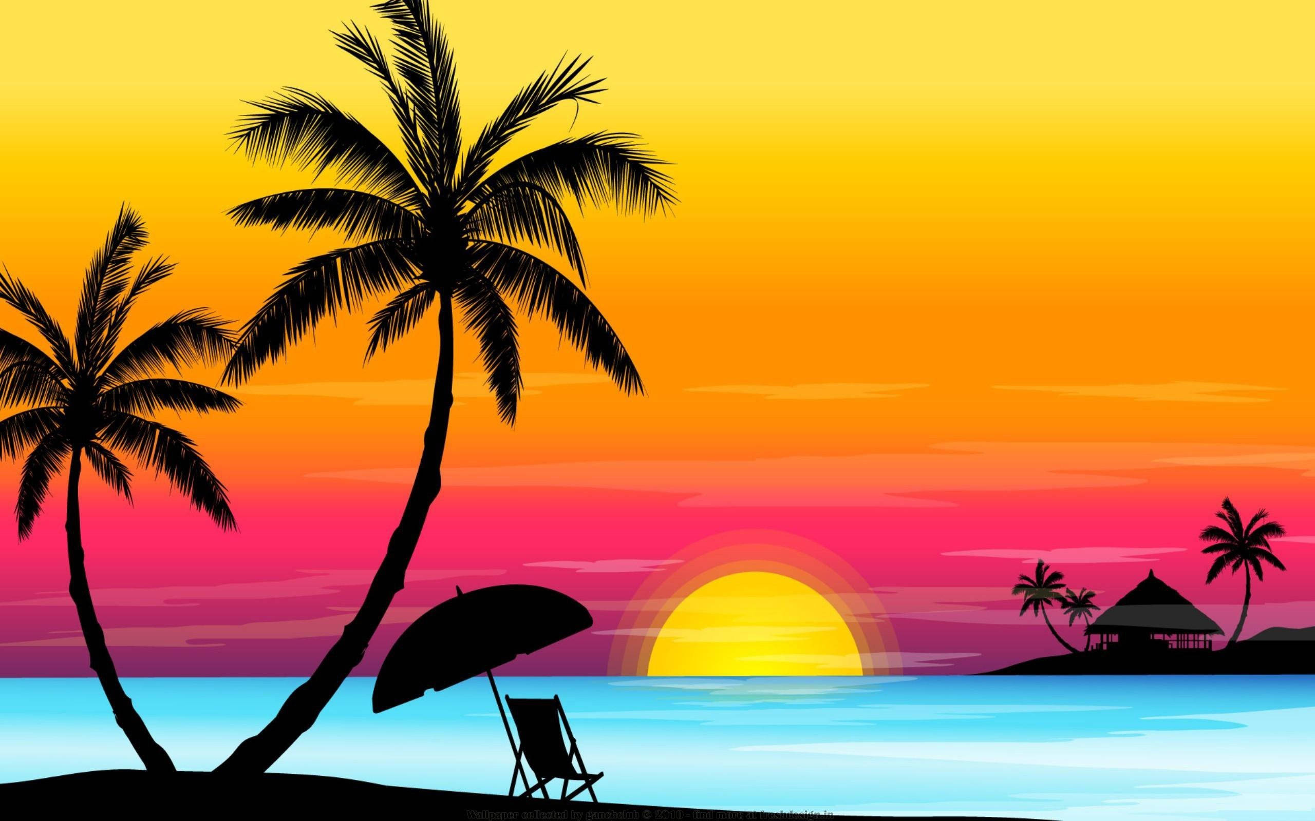 Beach Vacation 桌布 壁紙 — 剪影的棕櫚樹和躺椅框住了碧綠海洋上 vibrant 的日落，遠方海岸有一座茅草屋。