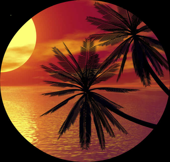 Tree Silhouette 桌布 壁紙 — 剪影的棕櫚樹框住了一個透過圓形窗戶看到的平靜水面上的鮮豔日落。