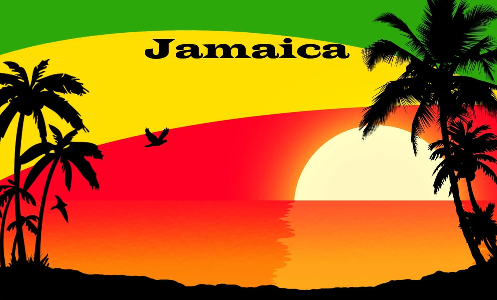 Jamaica 桌布 壁紙 — 剪影的棕櫚樹框住了水面上充滿活力的日落，在綠色、黃色和紅色的漸變背景上以粗體文字顯示「Jamaica」一詞。