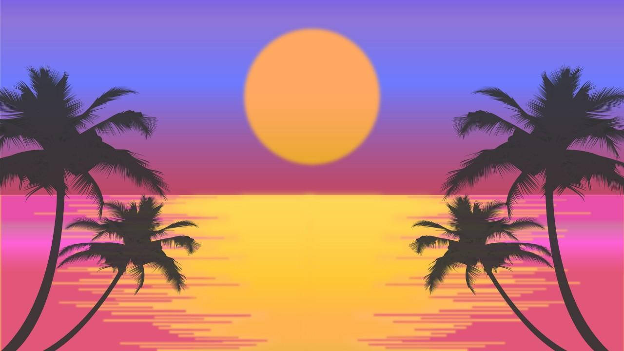 Deco 桌布 壁紙 — 剪影的棕櫚樹框出一個充滿活力的日落，在漸變的天空和反射的水面上有一個大橙色太陽。