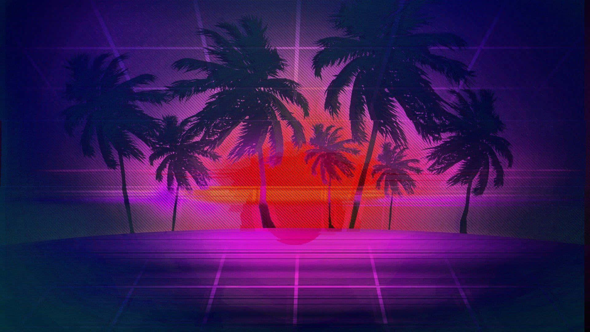 蒸氣波 桌布 壁紙 — 剪影的棕櫚樹矗立在充滿活力的日落前，霓虹紫色和粉紅色的網格線覆蓋在場景上。