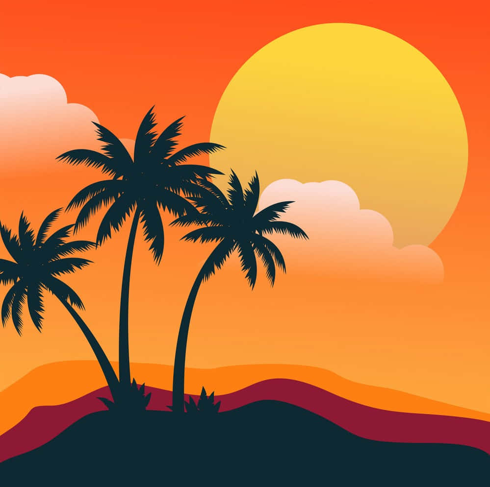 海灘日落 桌布 壁紙 — 剪影的棕櫚樹矗立在充滿活力的橙色日落前，伴隨著一個巨大的黃色太陽和柔軟的雲朵。