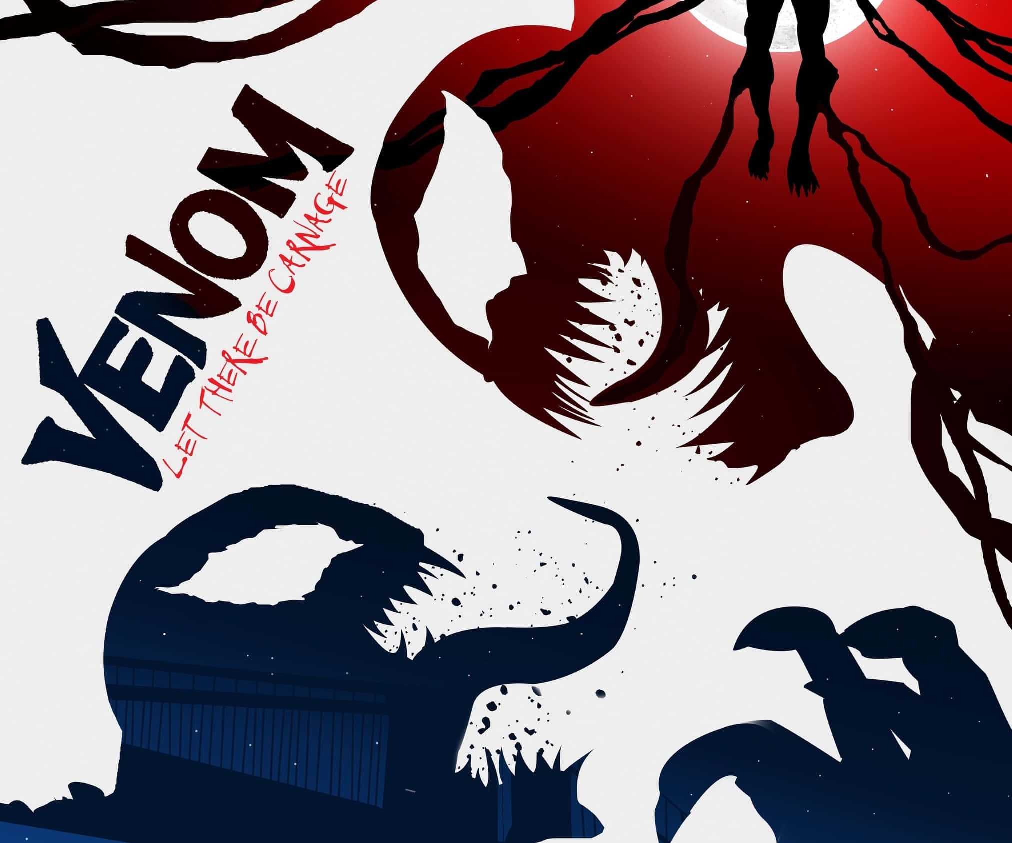 Carnage Vs Venom 桌布 壁紙 — 剪影的毒魔與屠殺在紅色月亮背景下以粗體漫畫文字衝突。