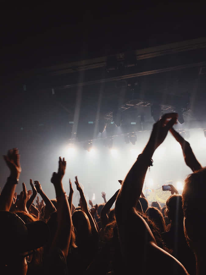concert 桌布 壁紙 — 剪影的演唱會人群在明亮的舞台燈光和煙霧中高舉雙臂。