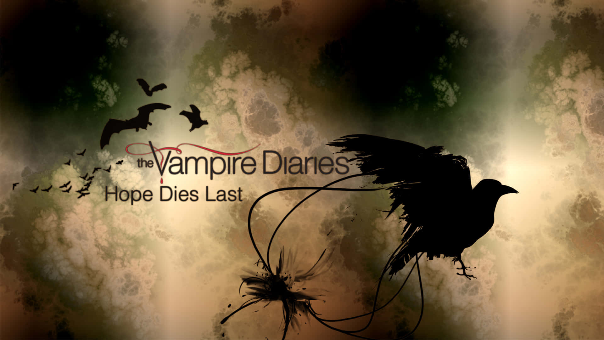 Vampire Diaries Desktop 桌布 壁紙 — 剪影的烏鴉在帶有紋理的背景上翱翔，標題為《The Vampire Diaries》，標語為 Hope Dies Last。