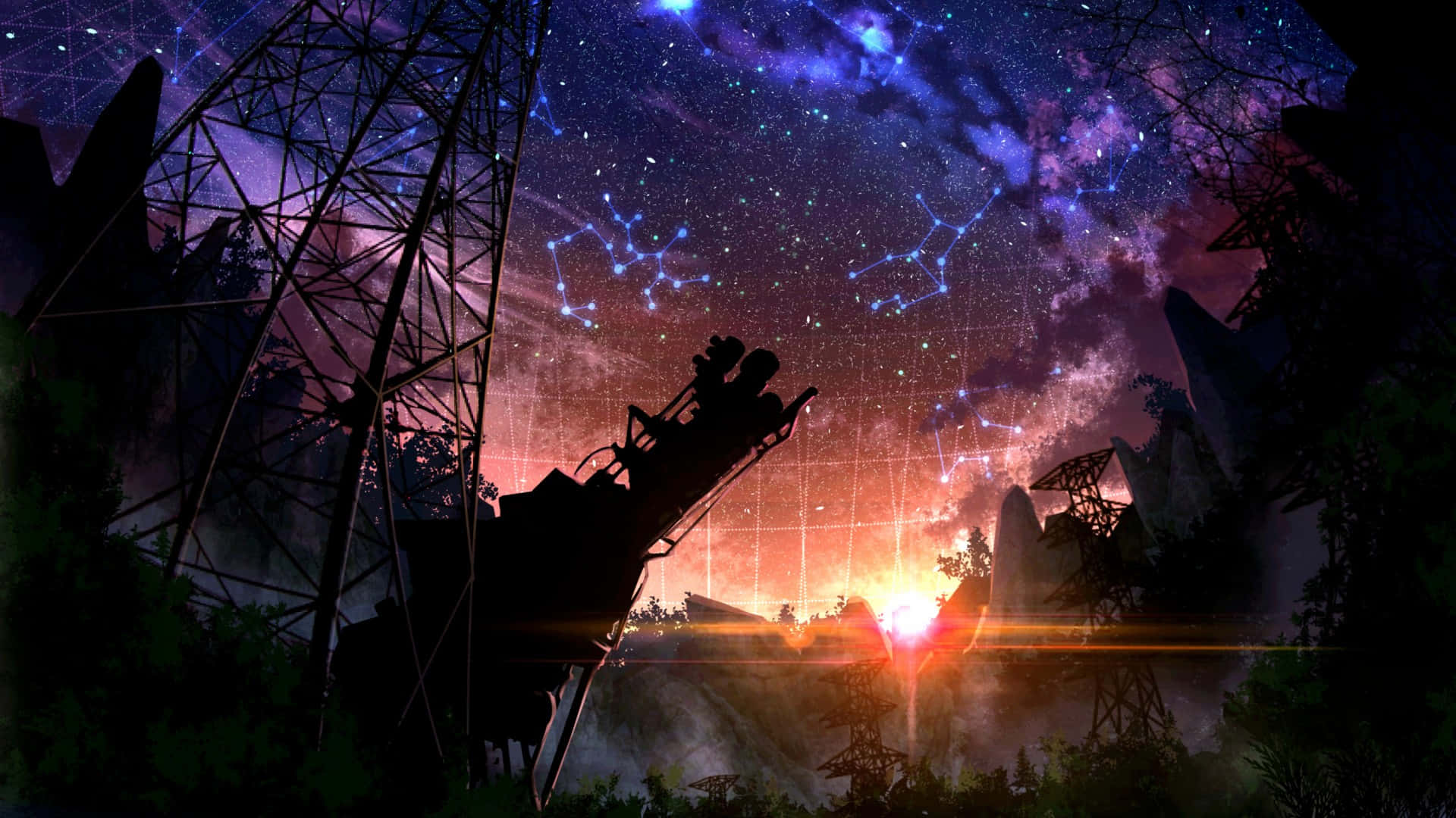 Telescope 桌布 壁紙 — 剪影的無線電塔和衛星天線框住一個充滿活力的宇宙天空，有發光的星座和燦爛的日落地平線。