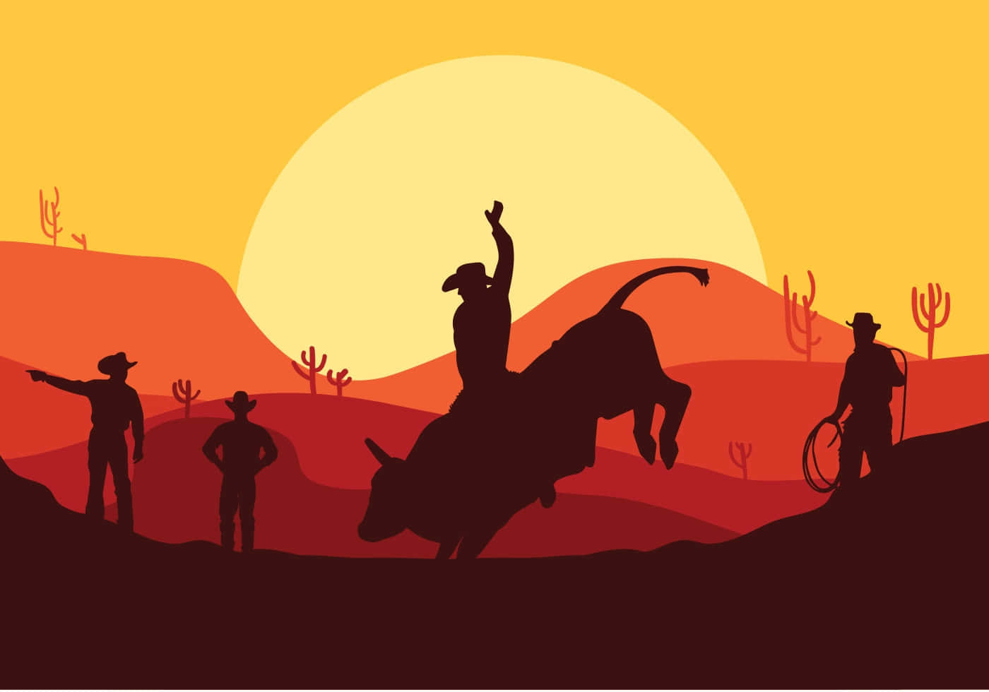 Bull Rider 桌布 壁紙 — 剪影的牛仔和一頭弓背的公牛，以仙人掌遍佈的沙漠山丘上熾熱的日落為背景。