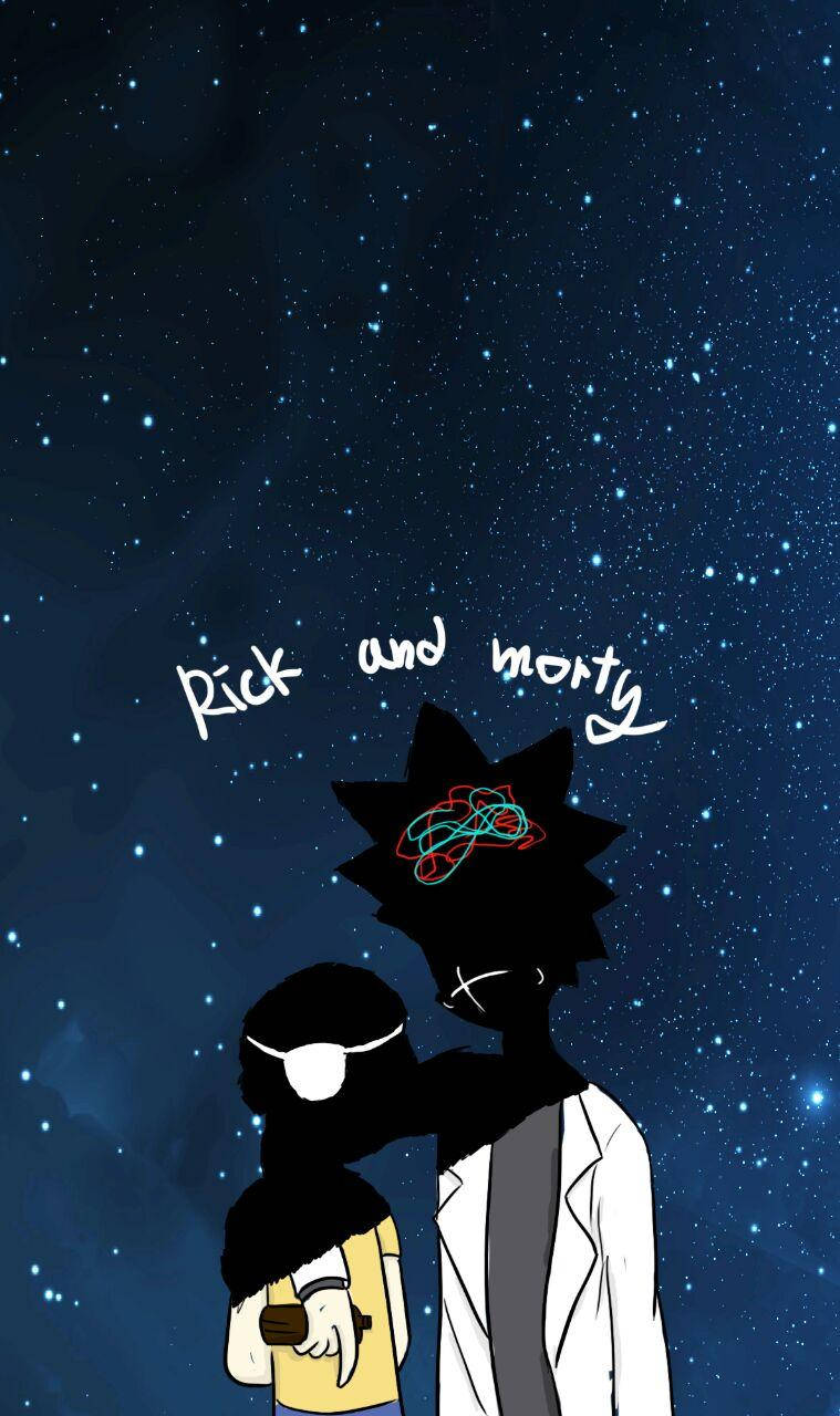rick 桌布 壁紙 — 剪影的瑞克和莫蒂站在繁星點點的夜空下，節目名稱漂浮在他們上方。