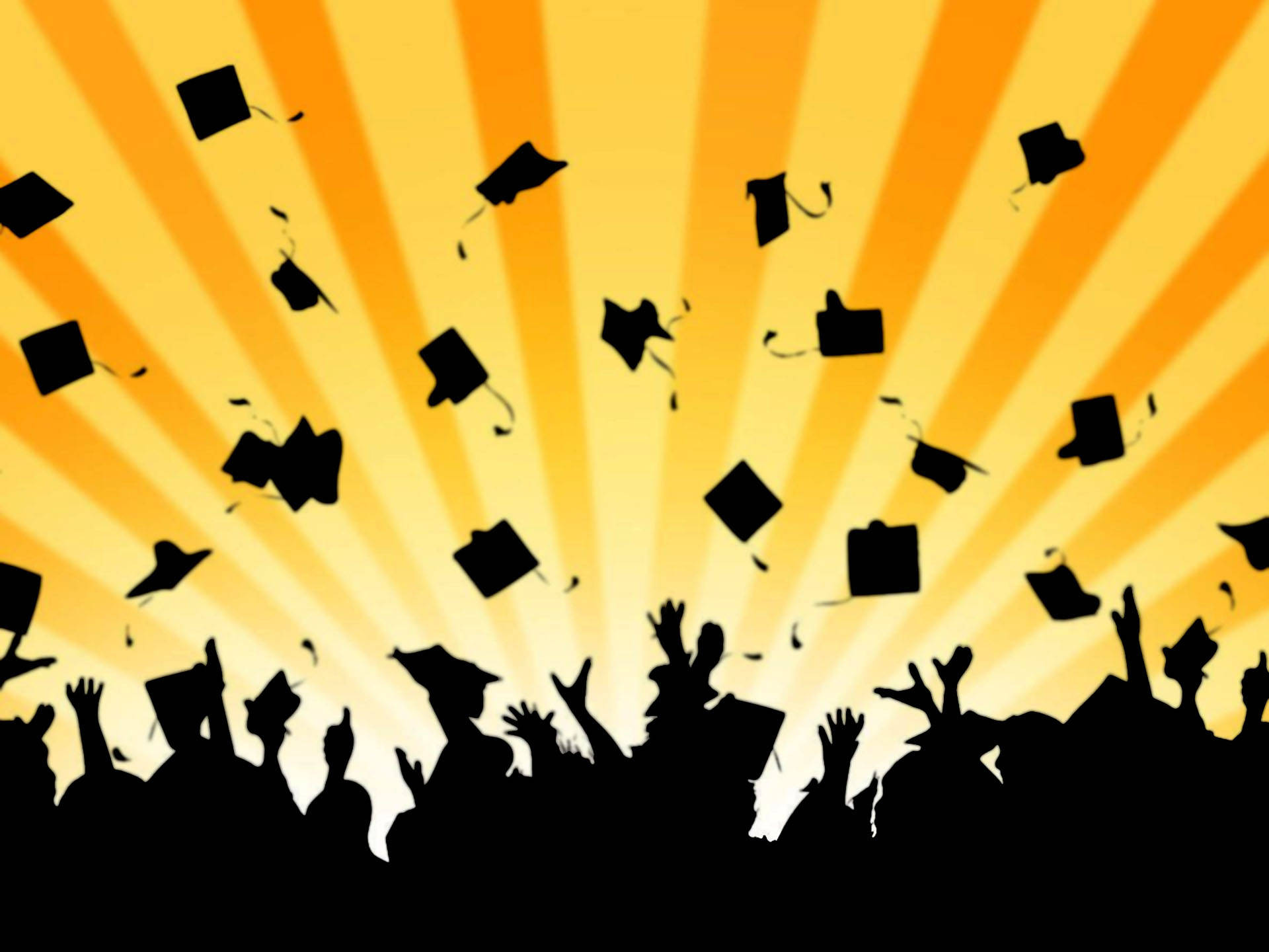 Graduation 桌布 壁紙 — 剪影的畢業生們在燦爛的黃色太陽光芒背景下，將帽子拋向空中慶祝。