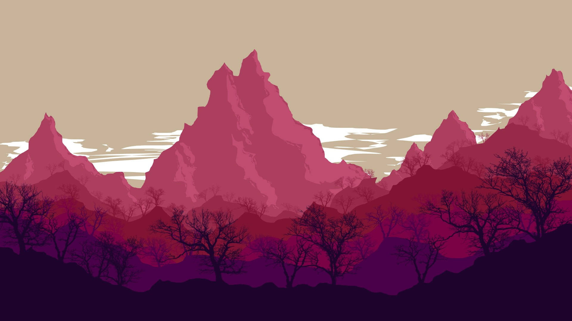 vector 桌布 壁紙 — 剪影的禿樹框住了鋸齒狀的洋紅色山脈，背景是柔和米色天空，帶有縷縷薄雲。