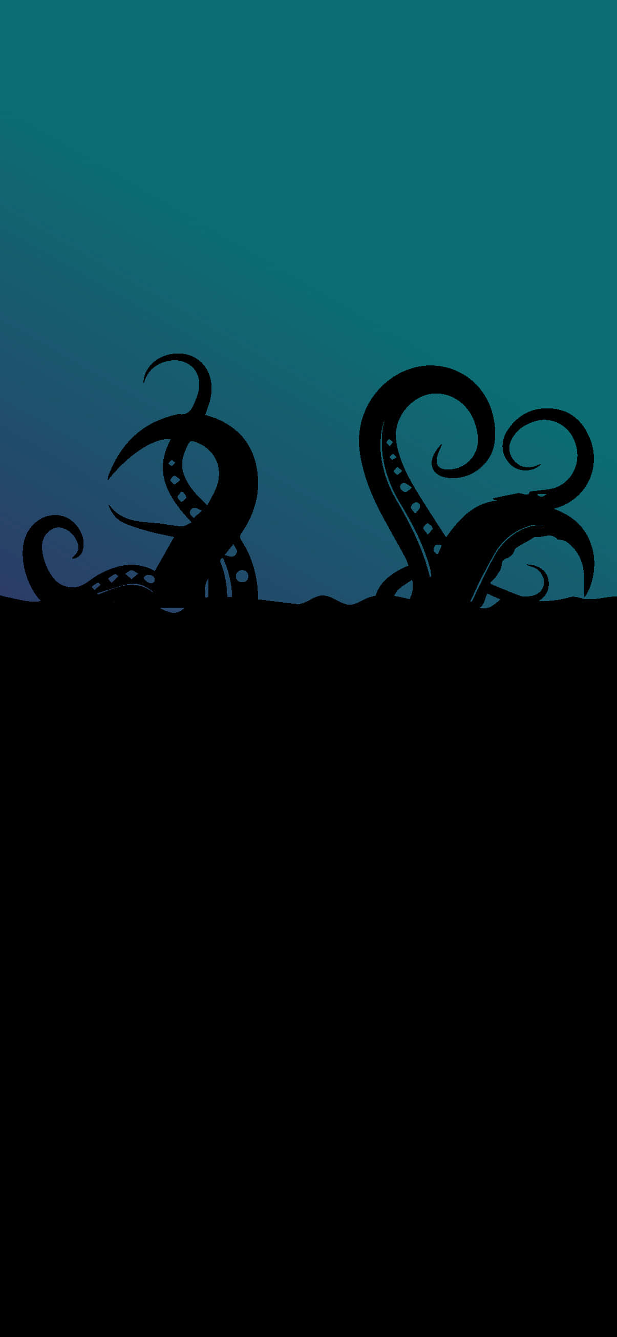 Tentacles 桌布 壁紙 — 剪影的章魚觸手從黑暗深處升起，以漸層藍綠色海洋為背景。