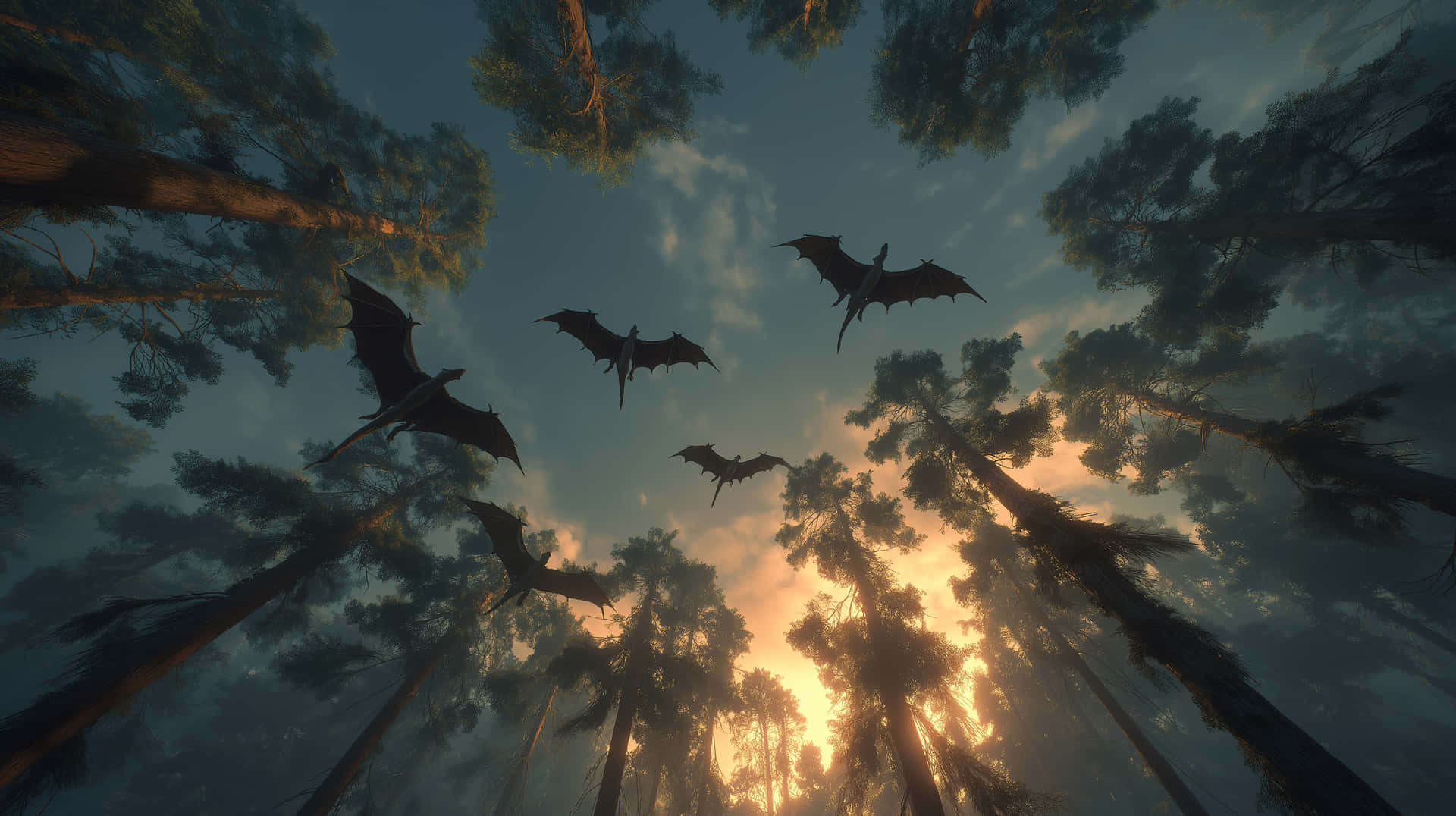 Forest Dragons Ascending 壁紙 — 剪影的翼龍在暮色天空中翱翔，周圍是高聳的松樹，金色的陽光穿透樹冠。