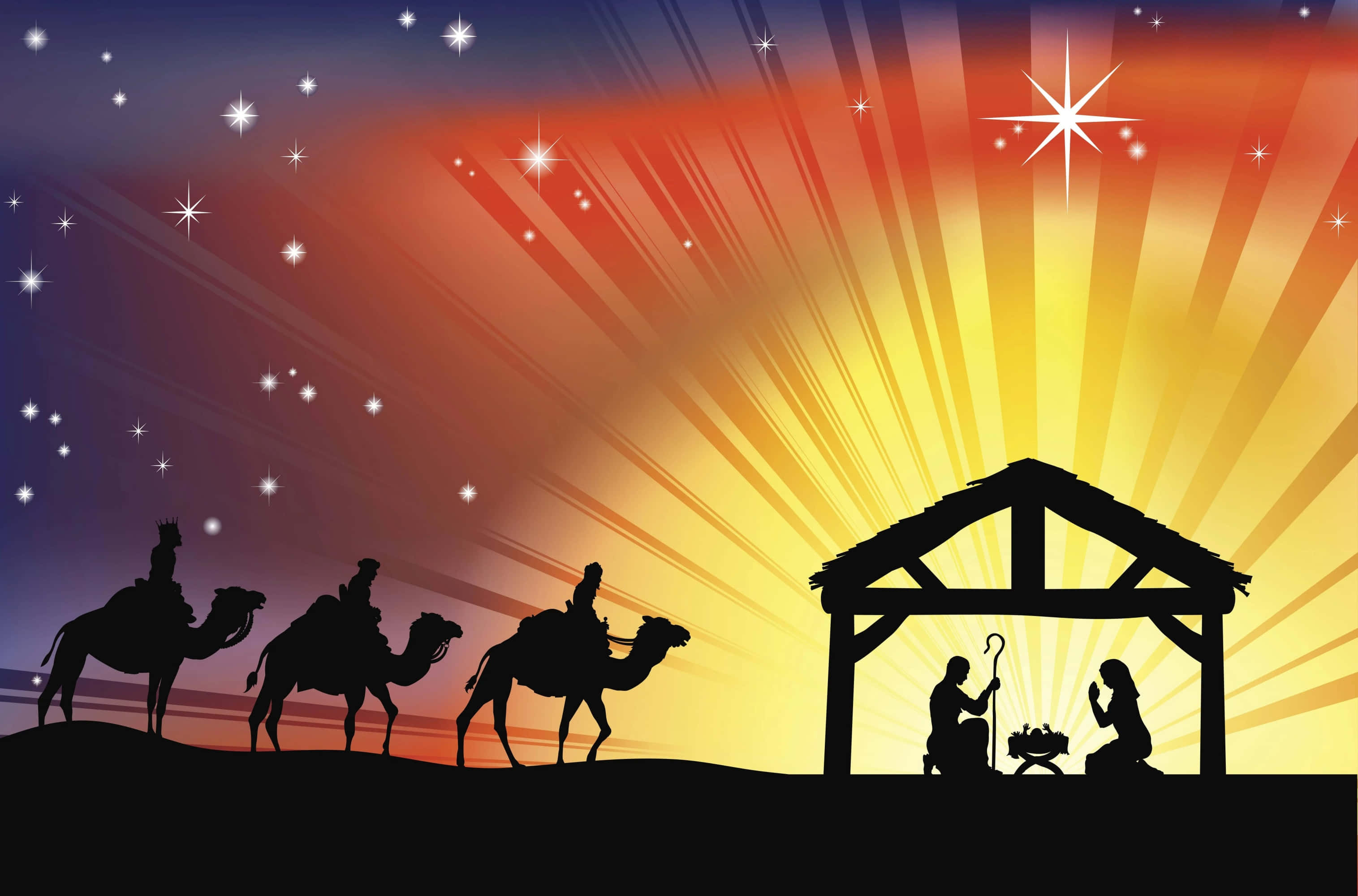 Nativity 桌布 壁紙 — 剪影的耶穌誕生場景，三位智者騎著駱駝在璀璨星空下接近馬槽。