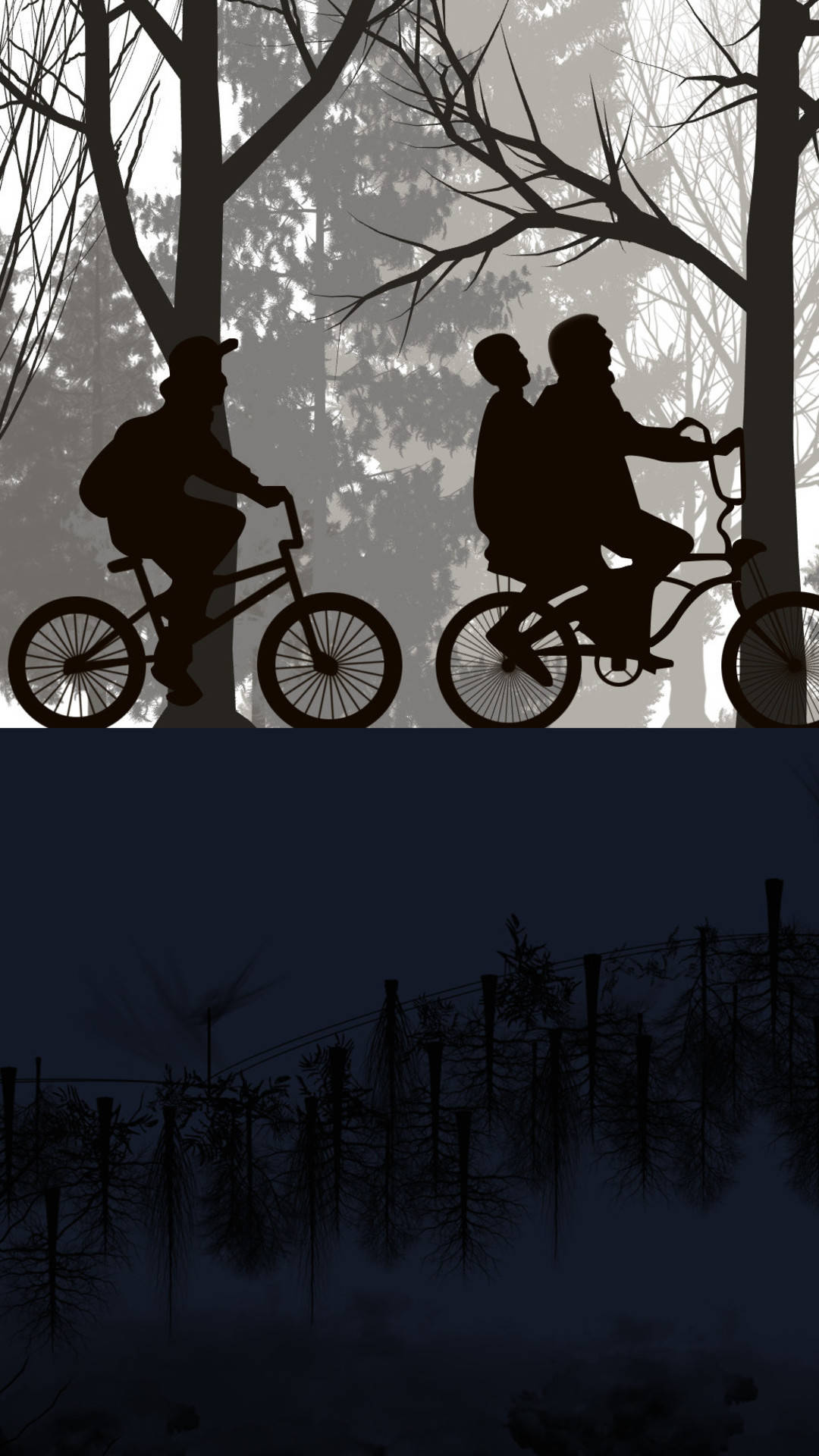 Stranger Things iPhone 桌布 壁紙 — 剪影的自行車騎士在黃昏時分騎行穿過薄霧籠罩的森林，樹木光禿，下方是黑暗反光的水面。
