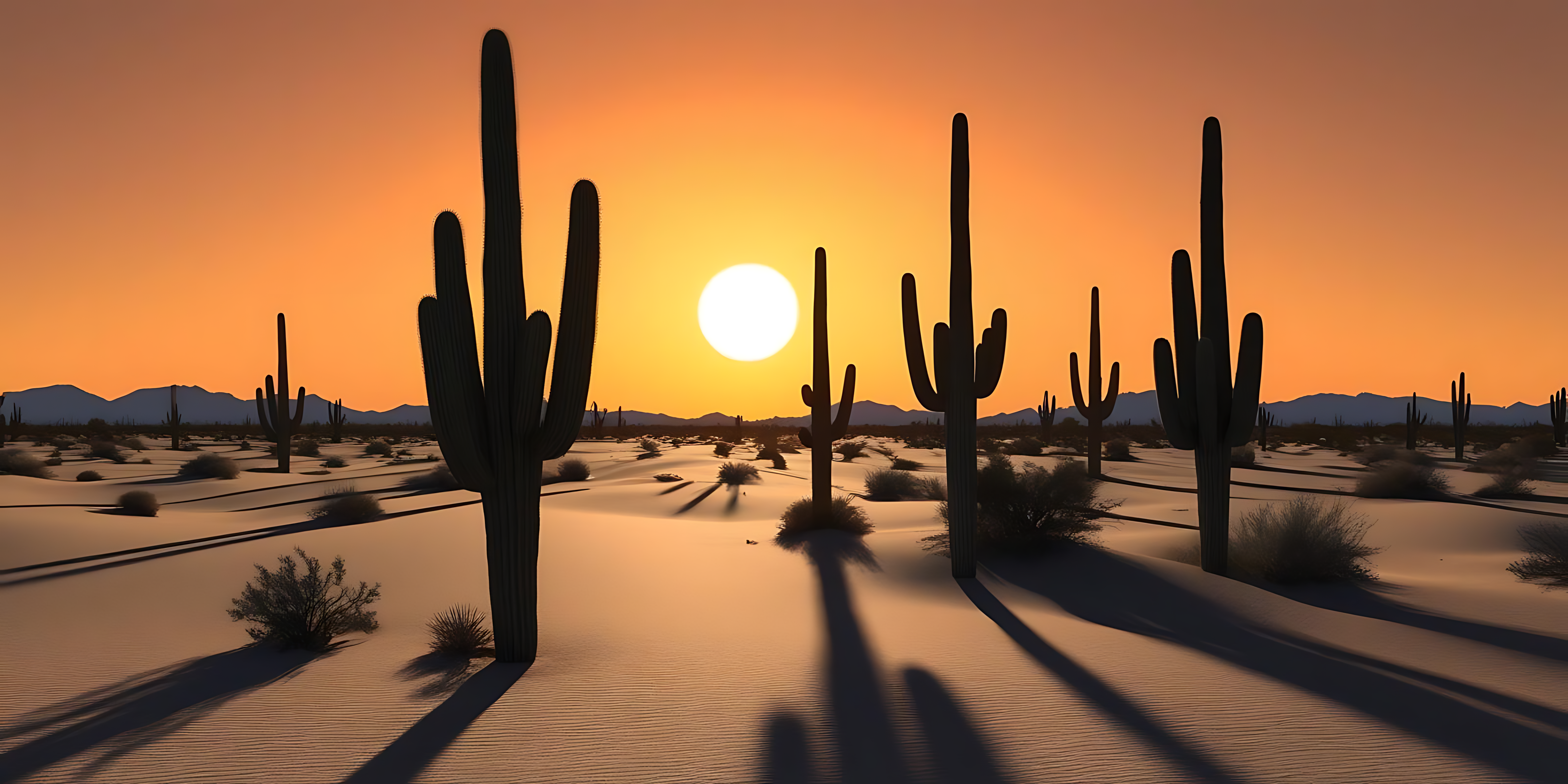 Cactus 桌布 壁紙 — 剪影的薩瓜羅仙人掌在沙漠沙丘地上投下長長的影子，太陽在火紅的橙色天空中落下。