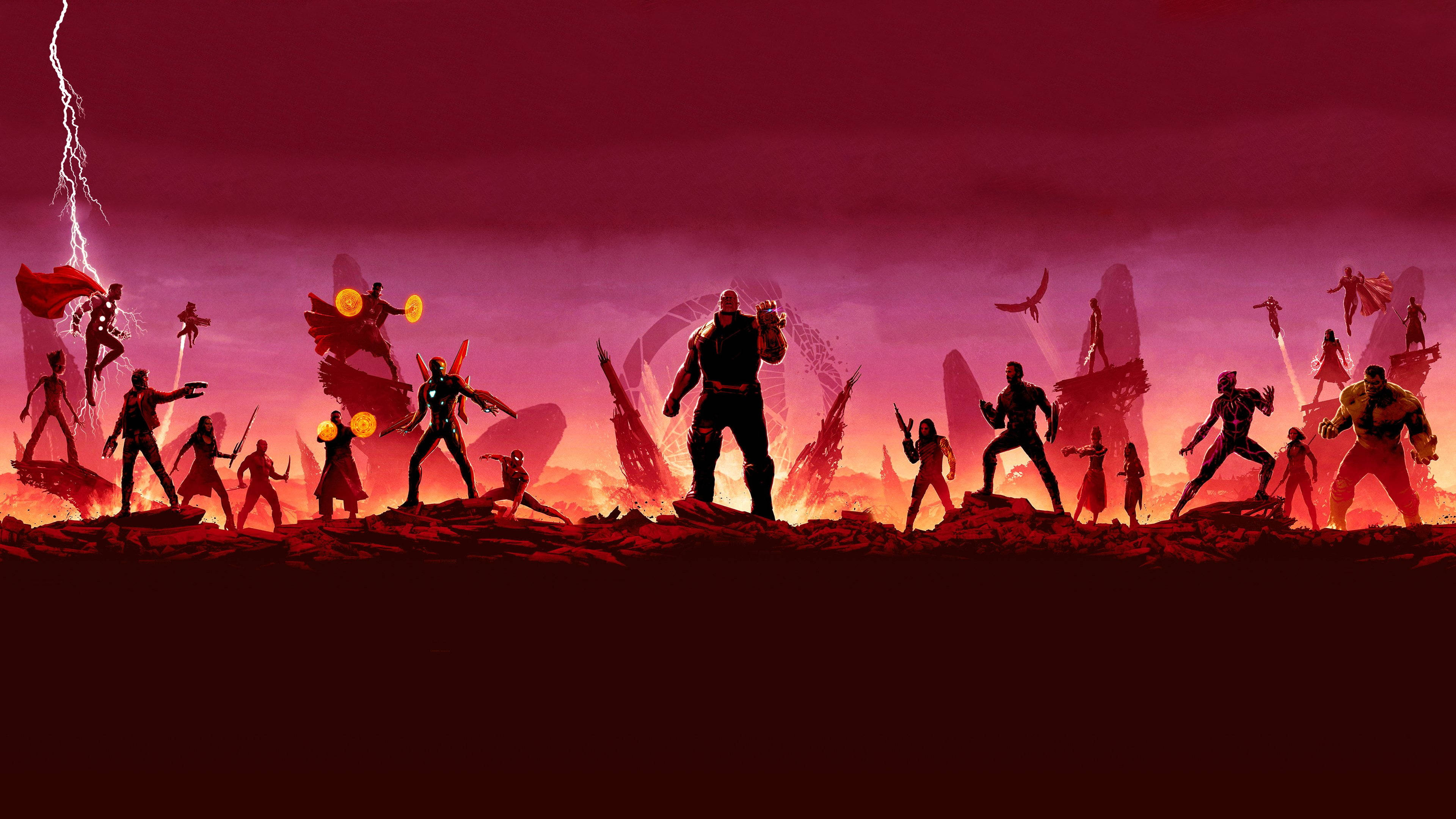 Marvel Avengers 桌布 壁紙 — 剪影的超級英雄和反派在火紅的深紅色天空下傲然挺立，閃電在荒涼的戰場上空劃過。
